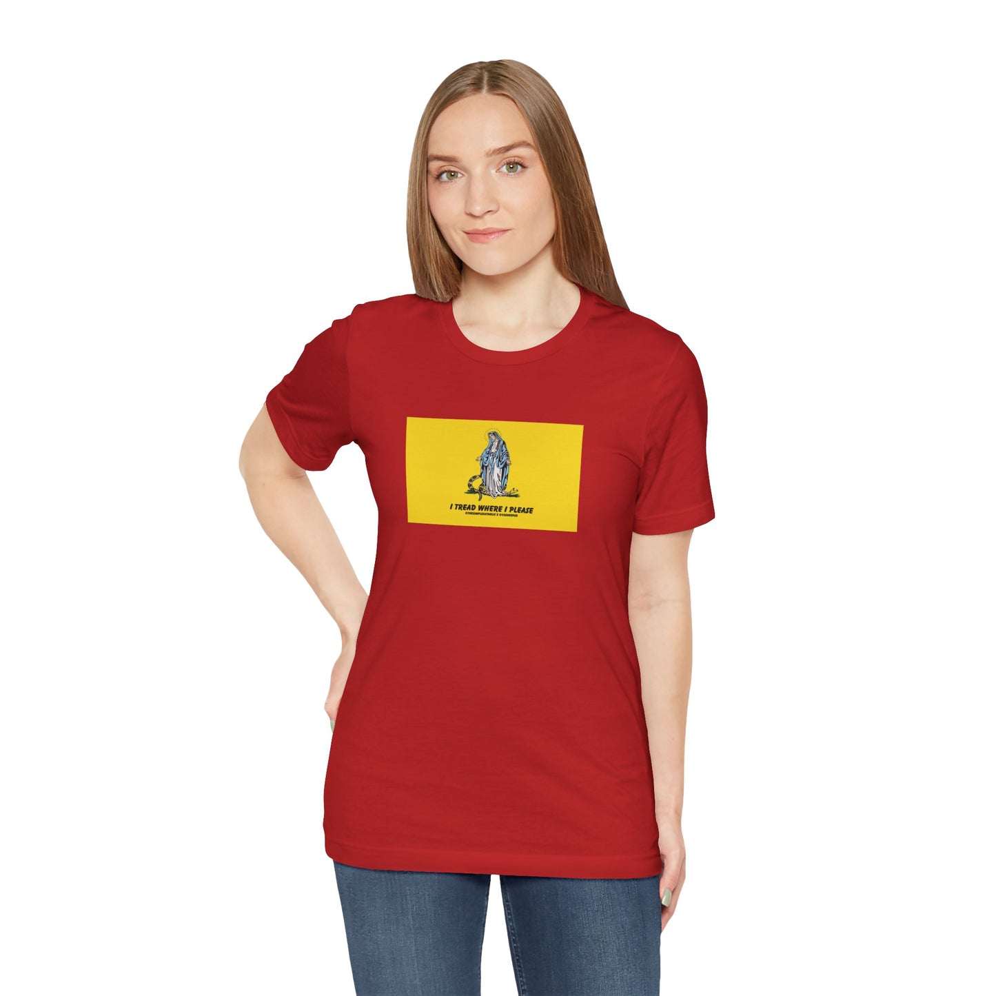 Mary - I tread where I please (@TheSimpleCatholic) - Premium Unisex Novelty Tee
