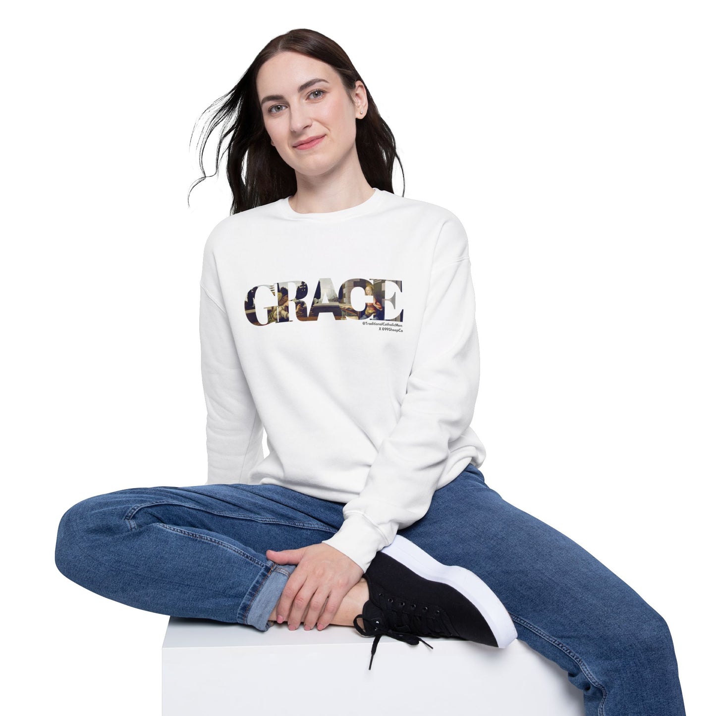 Grace - The Annunciation - Premium Unisex Drop Shoulder Sweatshirt