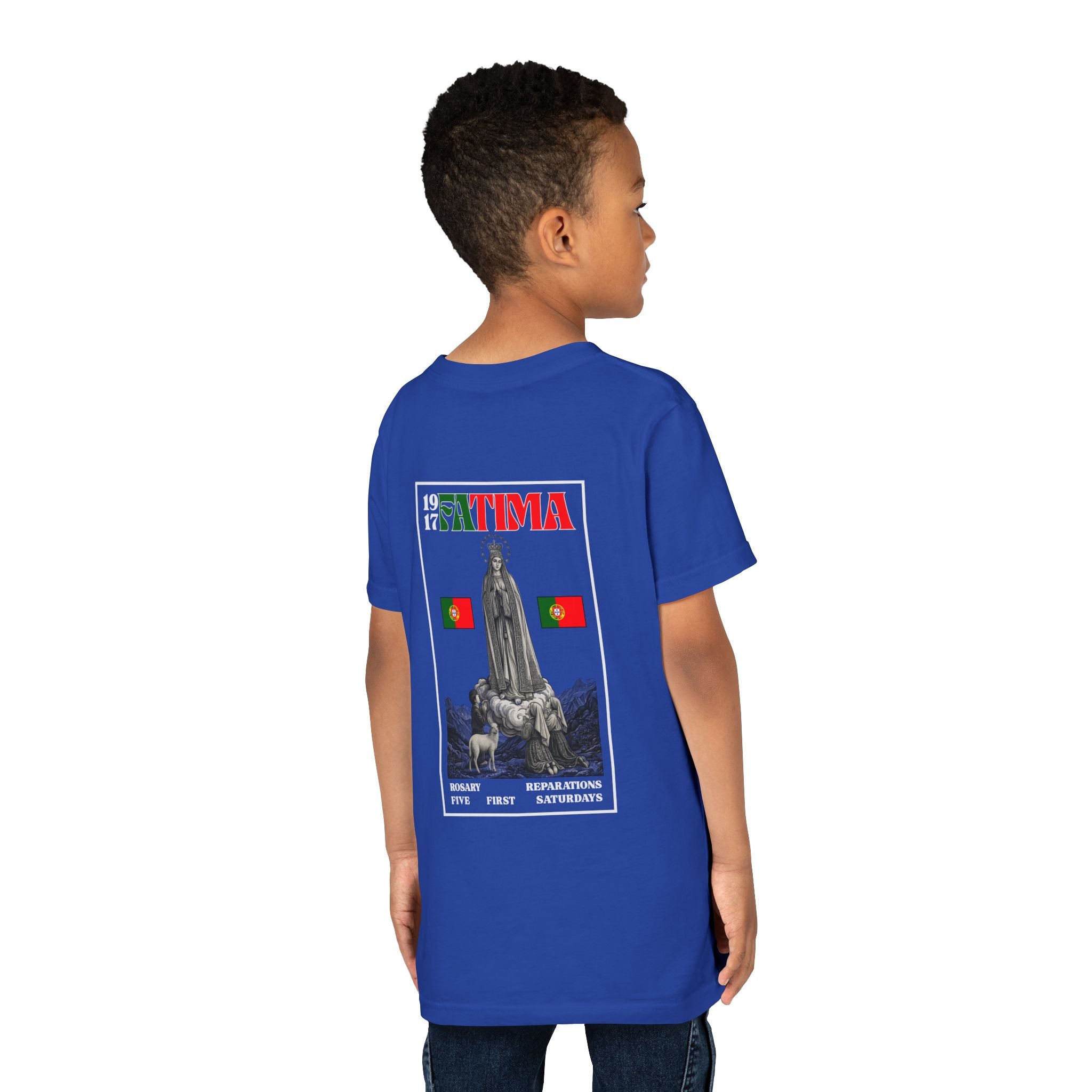 Our Lady of Fátima Catholic T-Shirt · Portugal Soccer Youth Tee · Unisex Marian Devotion Apparel · Made in USA · 100% Profits Donated · 2026