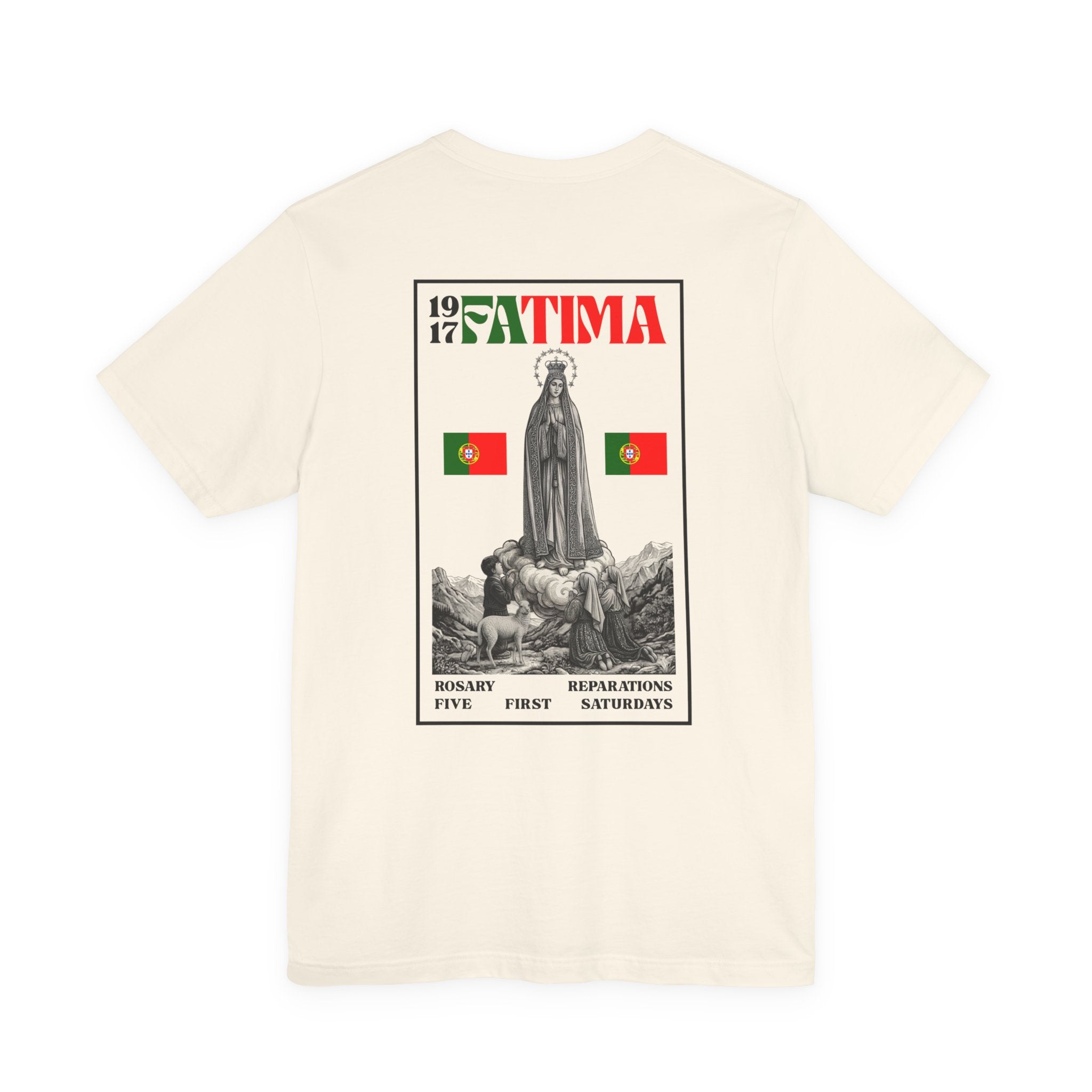 Our Lady of Fátima Catholic T-Shirt · Portugal Soccer Tee · Marian Devotion Apparel · Made in USA · 100% Profits Donated · 2026
