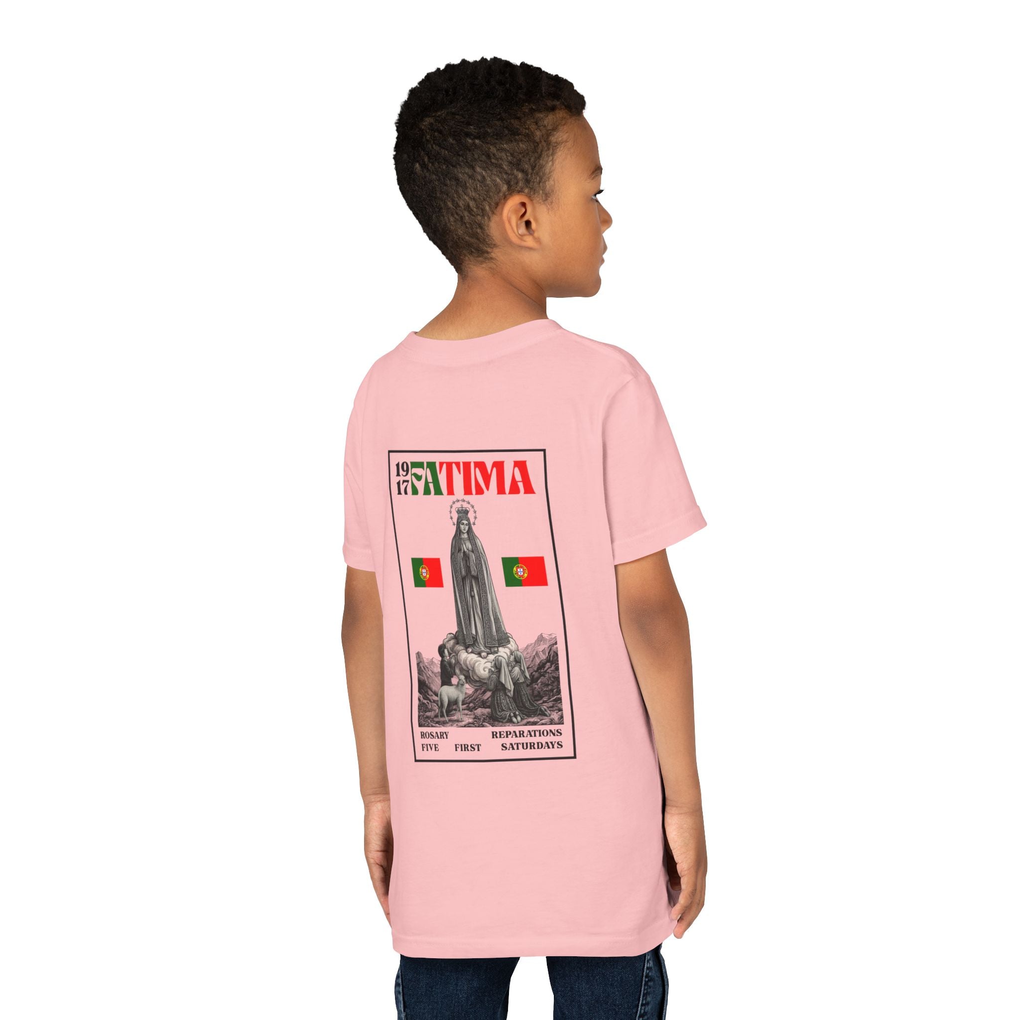 Our Lady of Fátima Catholic T-Shirt · Portugal Soccer Youth Tee · Unisex Marian Devotion Apparel · Made in USA · 100% Profits Donated · 2026