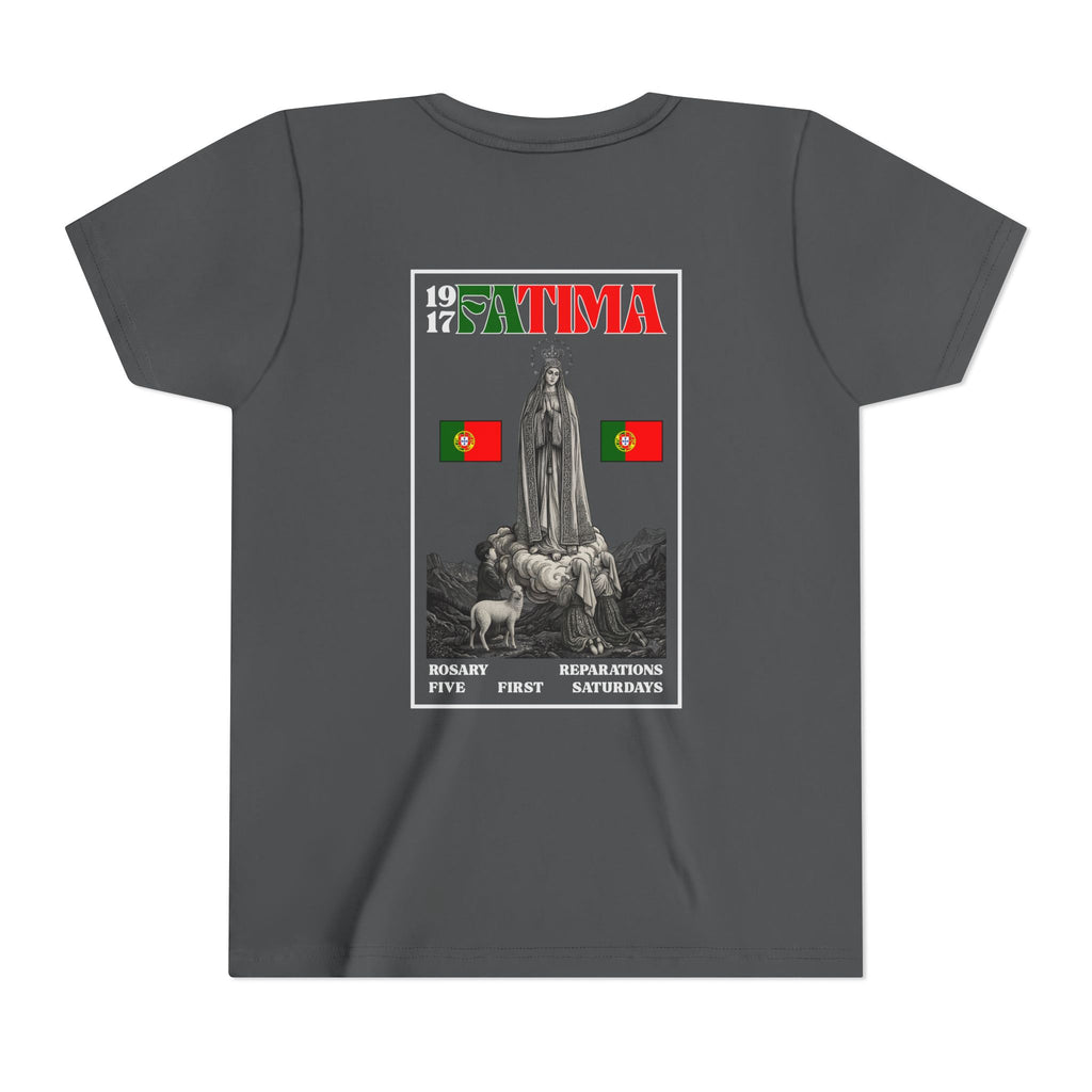 Our Lady of Fátima Catholic T-Shirt · Portugal Soccer Youth Tee · Unisex Marian Devotion Apparel · Made in USA · 100% Profits Donated · 2026