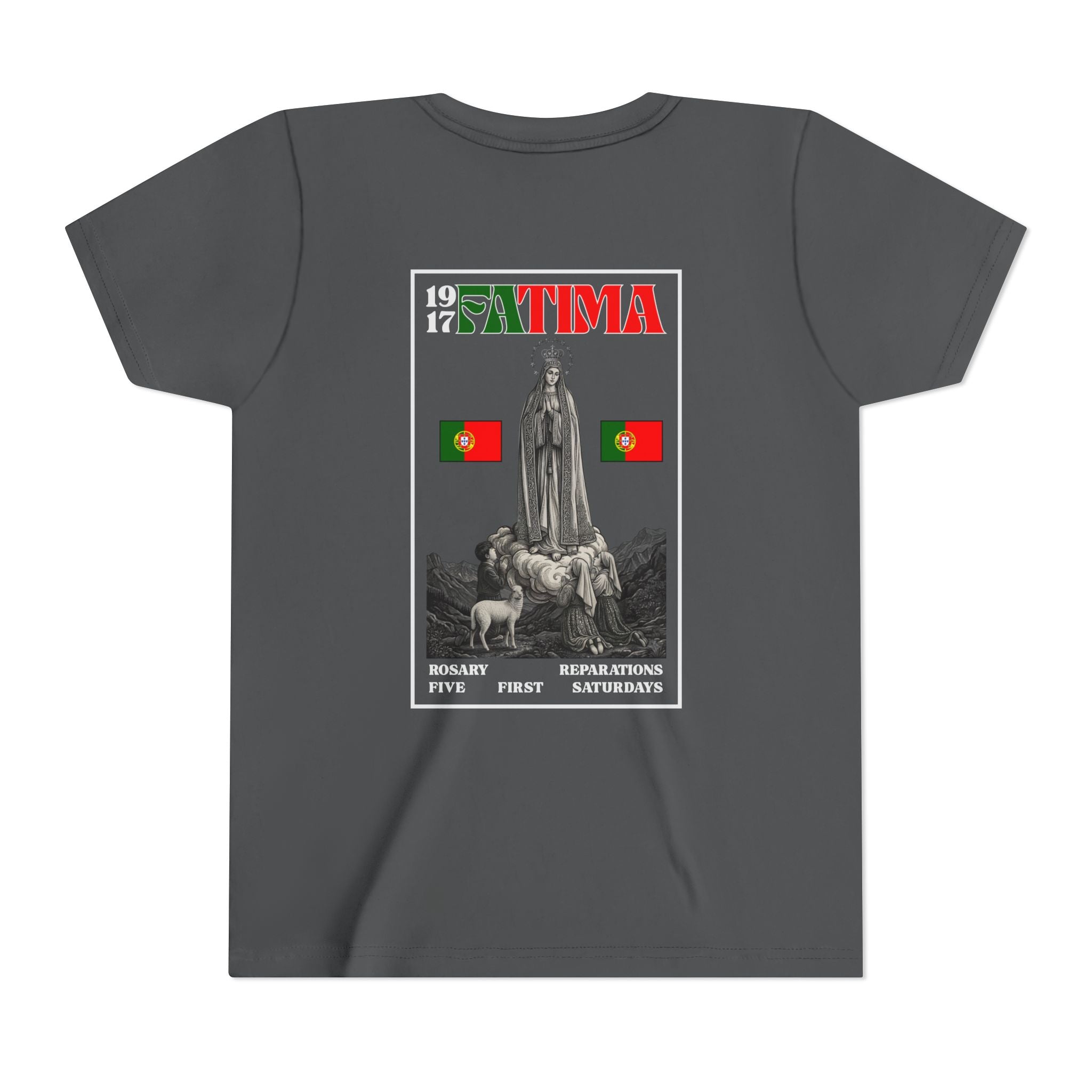 Our Lady of Fátima Catholic T-Shirt · Portugal Soccer Youth Tee · Unisex Marian Devotion Apparel · Made in USA · 100% Profits Donated · 2026