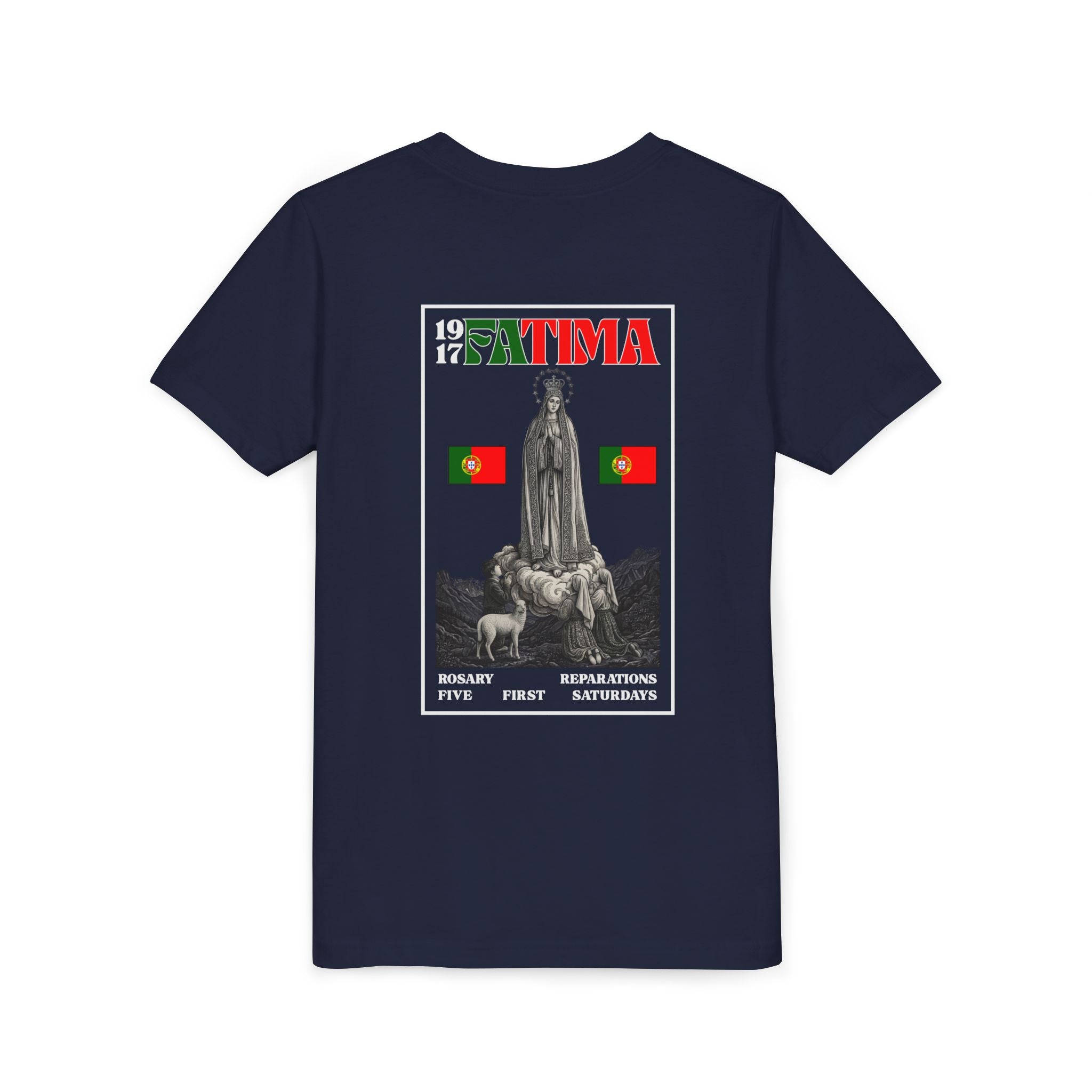 Our Lady of Fátima Catholic T-Shirt · Portugal Soccer Youth Tee · Unisex Marian Devotion Apparel · Made in USA · 100% Profits Donated · 2026