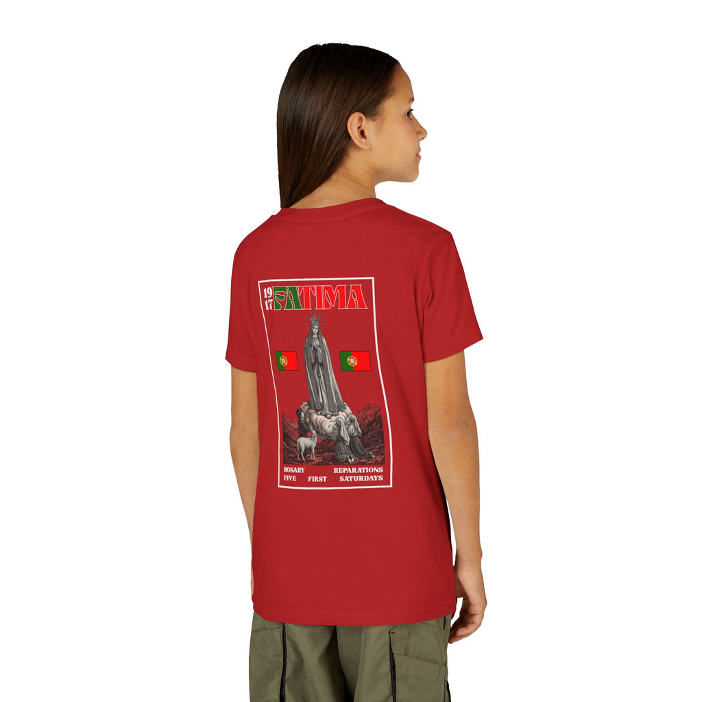 Our Lady of Fátima Catholic T-Shirt · Portugal Soccer Youth Tee · Unisex Marian Devotion Apparel · Made in USA · 100% Profits Donated · 2026