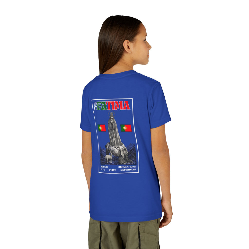 Our Lady of Fátima Catholic T-Shirt · Portugal Soccer Youth Tee · Unisex Marian Devotion Apparel · Made in USA · 100% Profits Donated · 2026