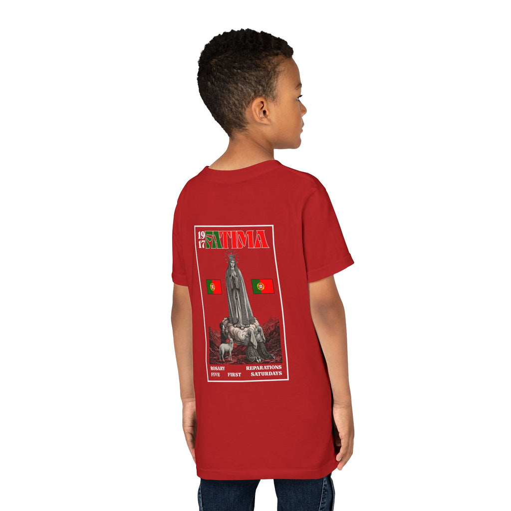 Our Lady of Fátima Catholic T-Shirt · Portugal Soccer Youth Tee · Unisex Marian Devotion Apparel · Made in USA · 100% Profits Donated · 2026