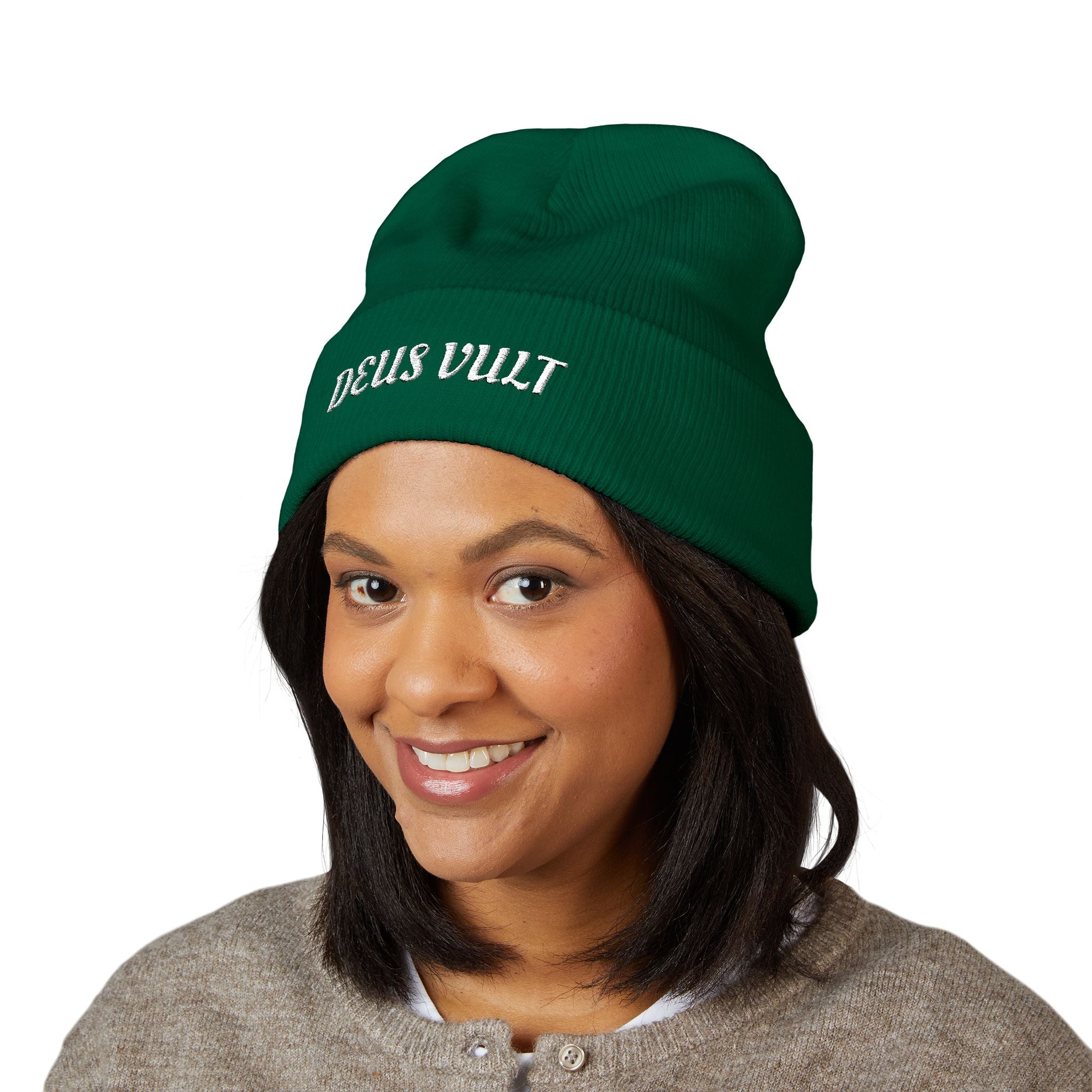 Deus Vult Embroidered Cuffed Beanie Unisex - Military Green