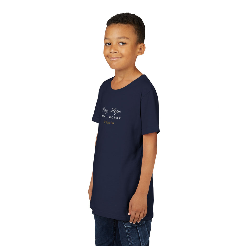 Padre Pio × Italy — "Pray, Hope, Don't Worry" Youth Tee | Saints of the Pitch