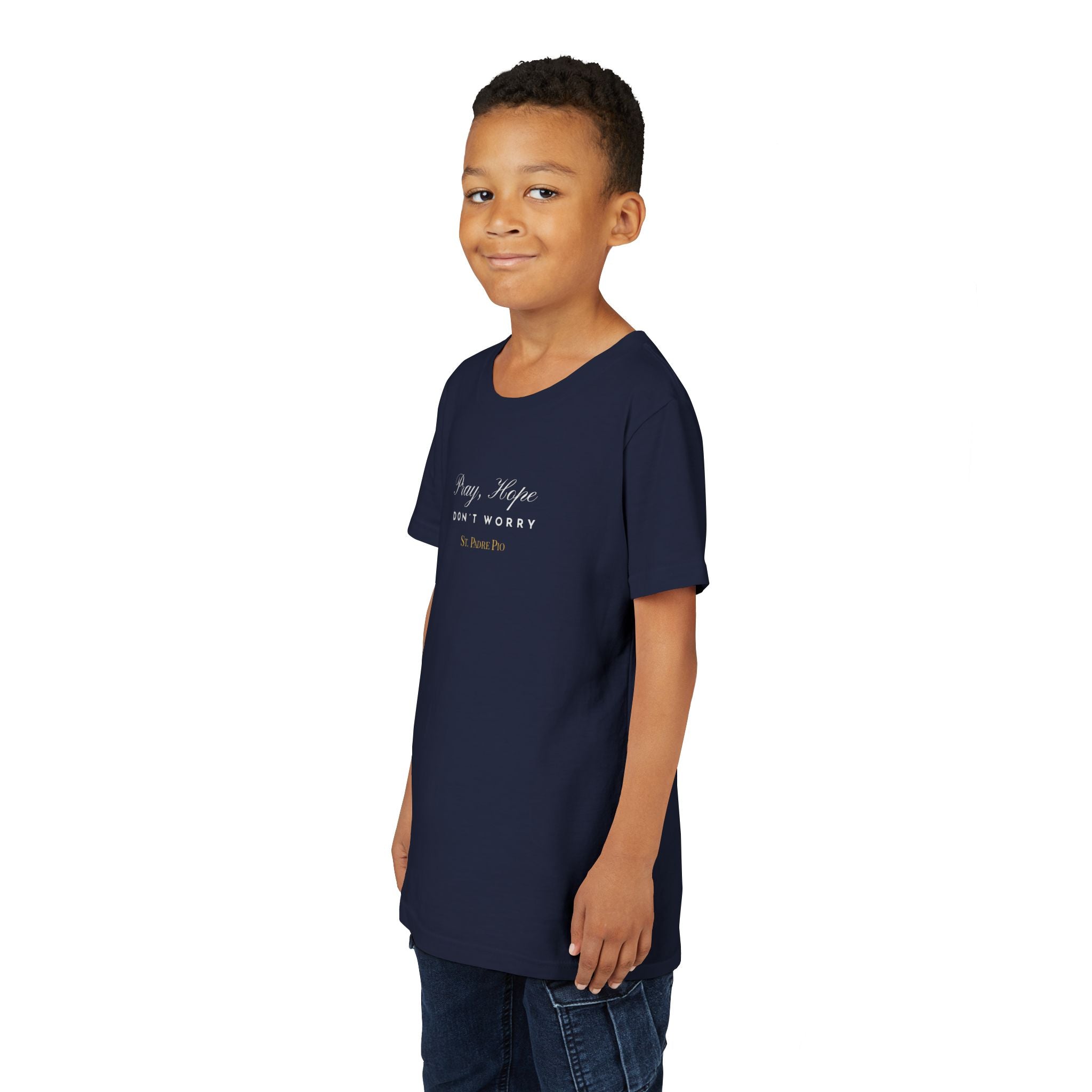 Padre Pio × Italy — "Pray, Hope, Don't Worry" Youth Tee | Saints of the Pitch