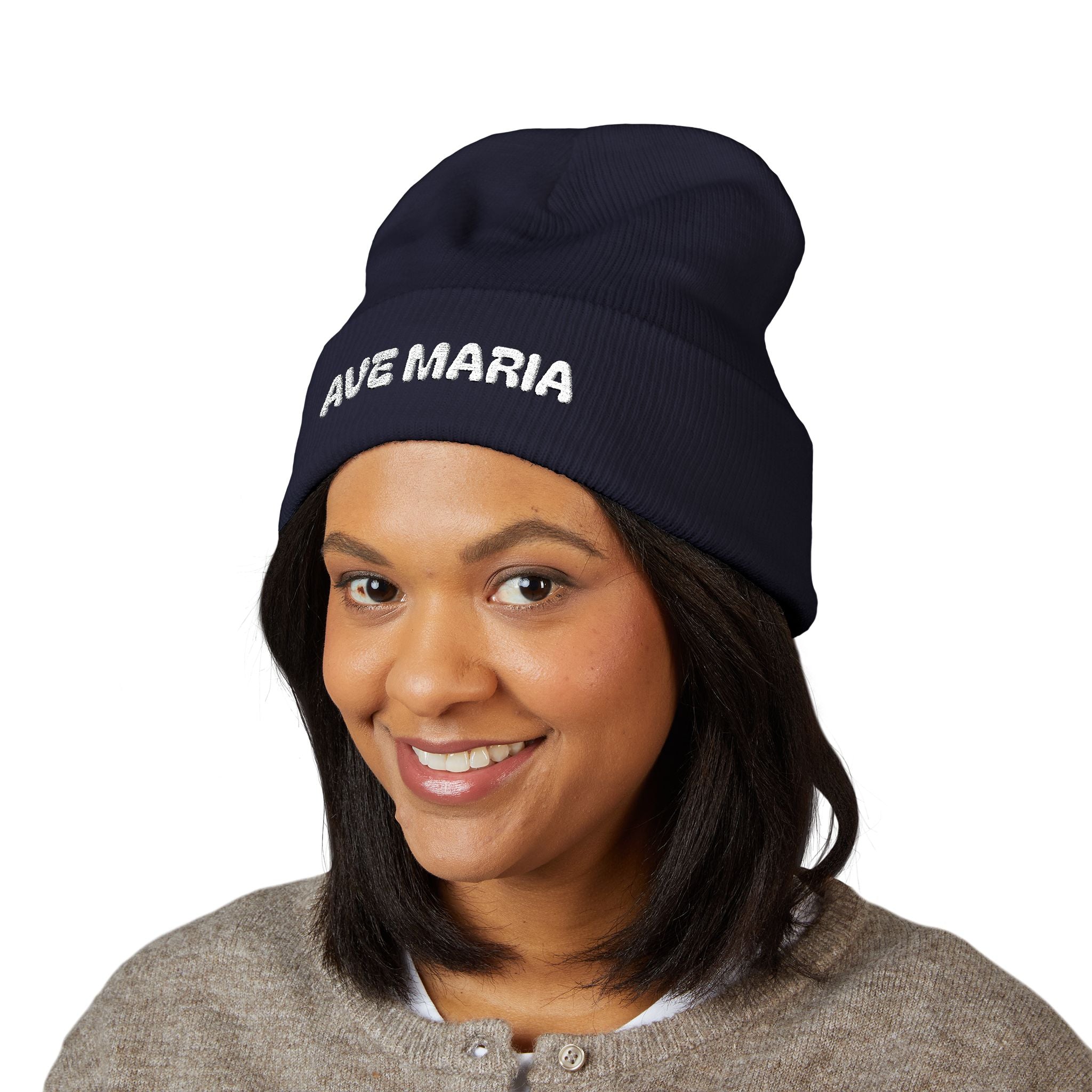 Ave Maria Embroidered Cuffed Beanie Unisex