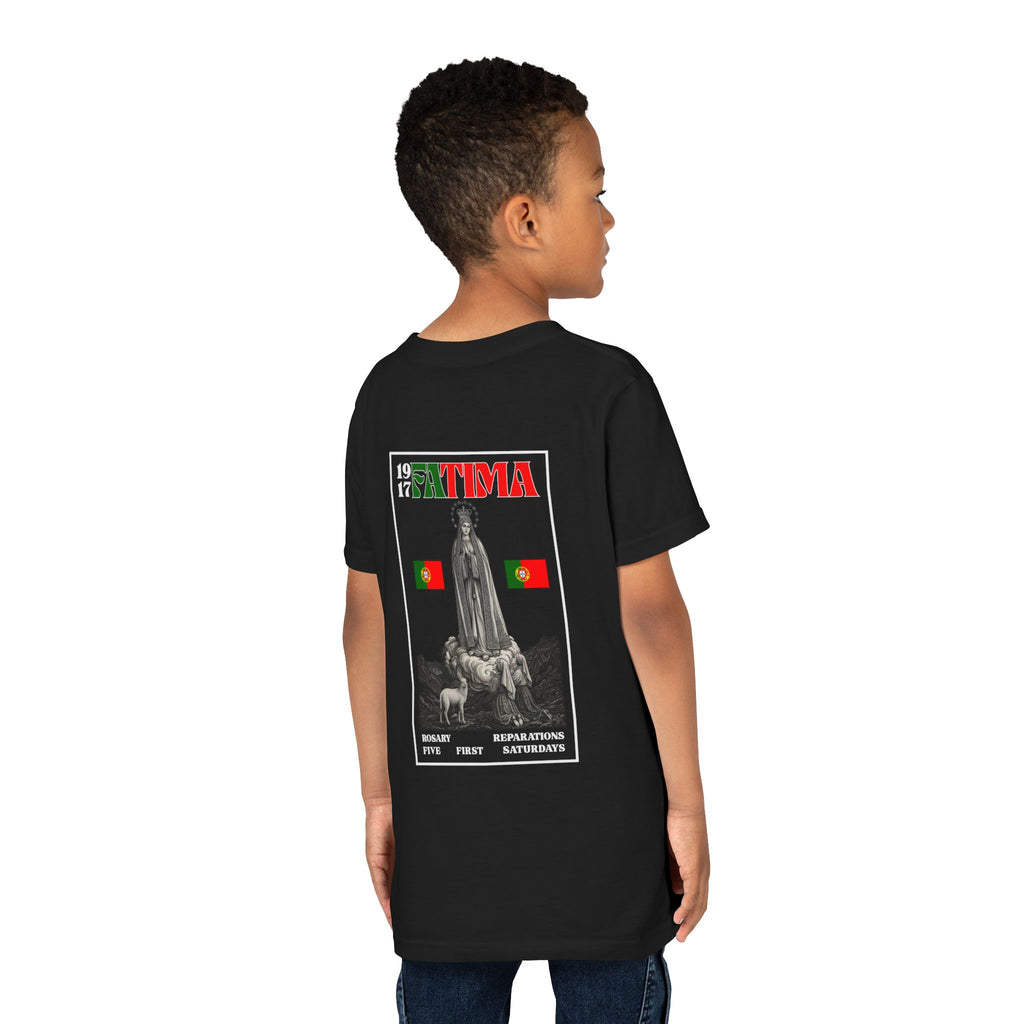 Our Lady of Fátima Catholic T-Shirt · Portugal Soccer Youth Tee · Unisex Marian Devotion Apparel · Made in USA · 100% Profits Donated · 2026