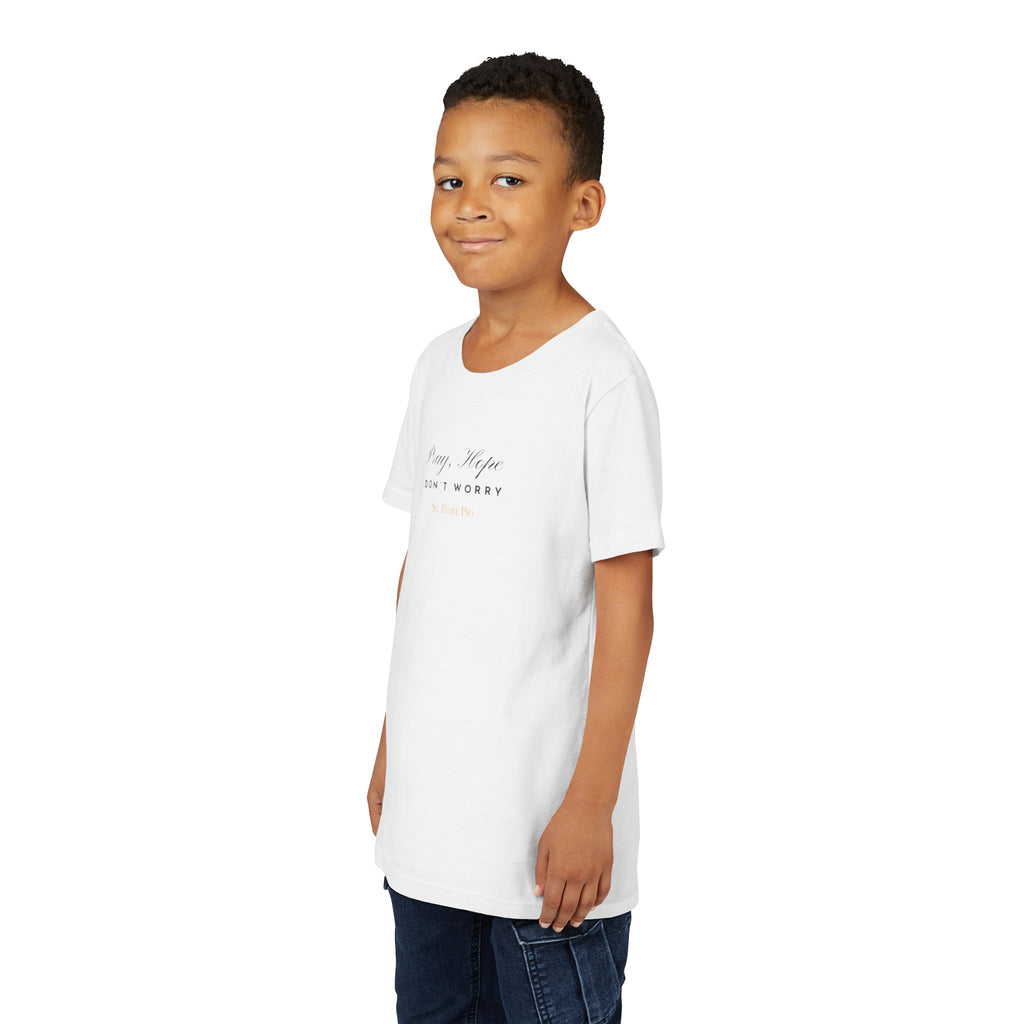 Padre Pio × Italy — "Pray, Hope, Don't Worry" Youth Tee | Saints of the Pitch