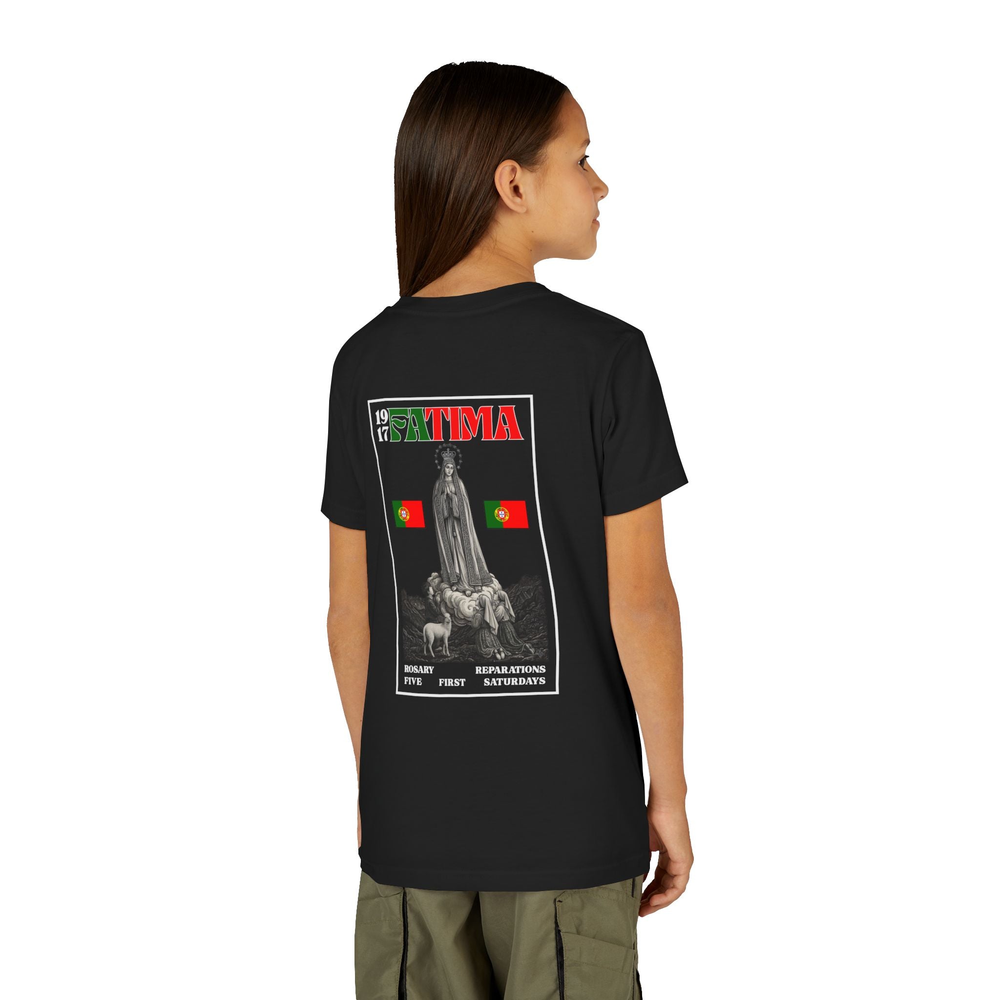 Our Lady of Fátima Catholic T-Shirt · Portugal Soccer Youth Tee · Unisex Marian Devotion Apparel · Made in USA · 100% Profits Donated · 2026