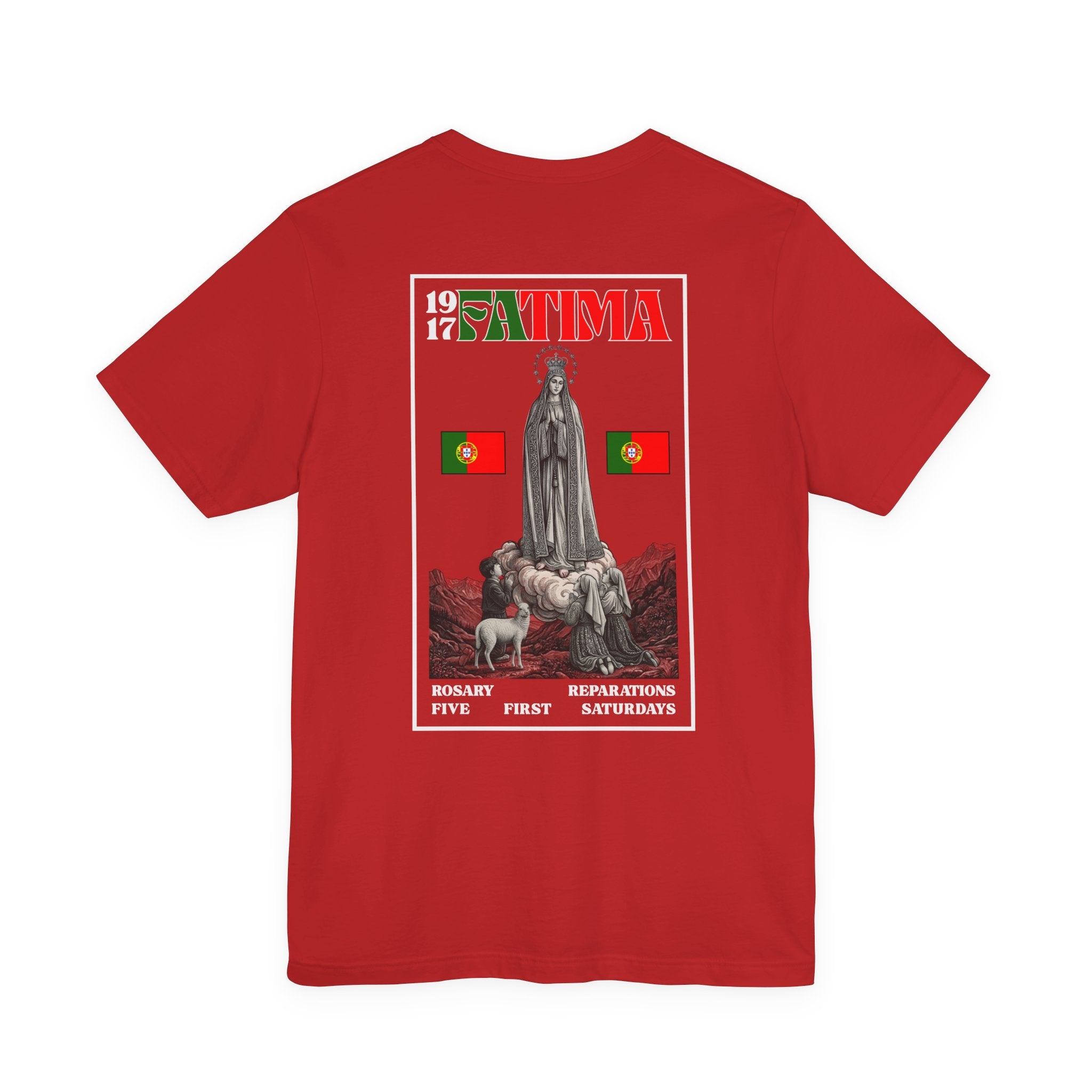 Our Lady of Fátima Catholic T-Shirt · Portugal Soccer Tee · Marian Devotion Apparel · Made in USA · 100% Profits Donated · 2026