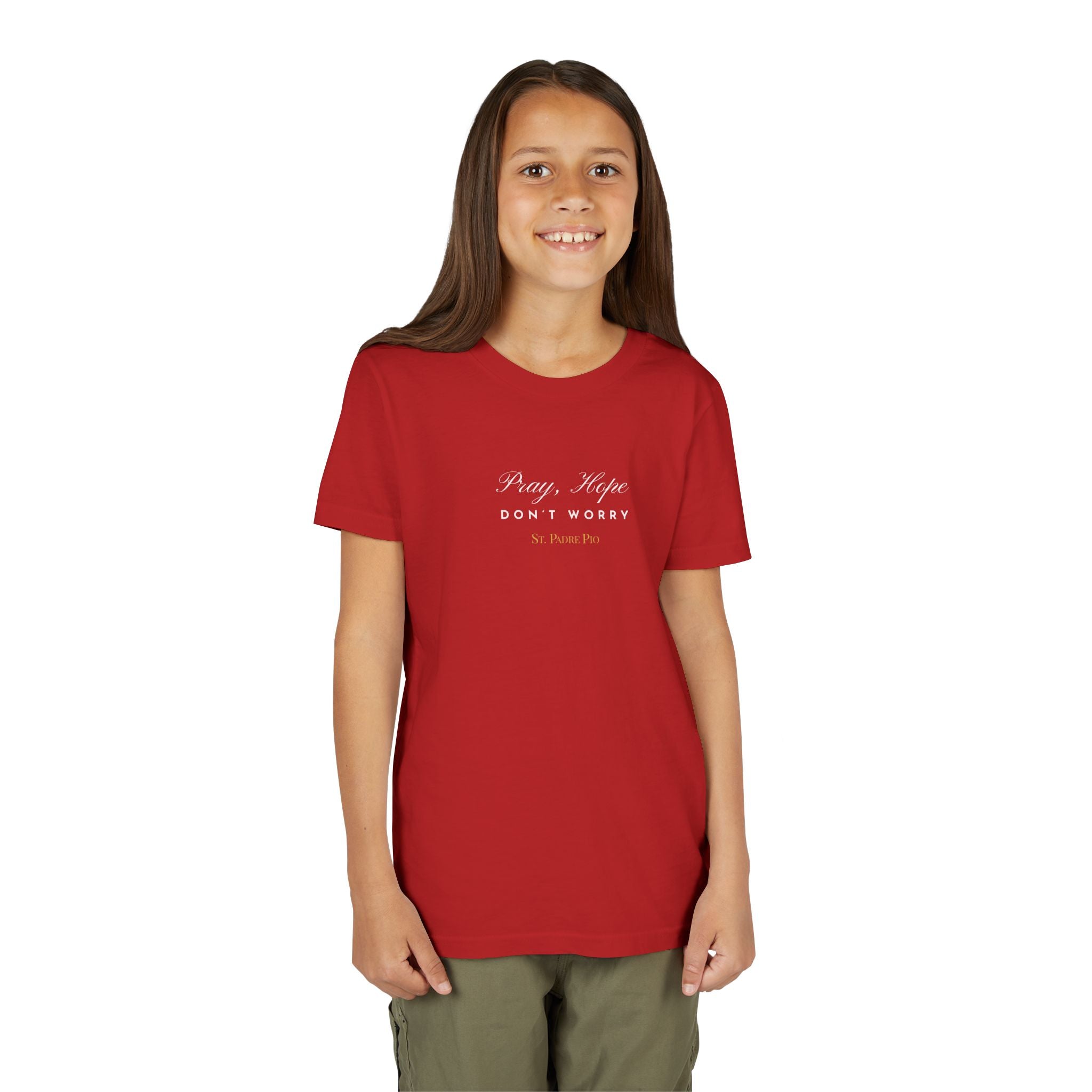 Padre Pio × Italy — "Pray, Hope, Don't Worry" Youth Tee | Saints of the Pitch