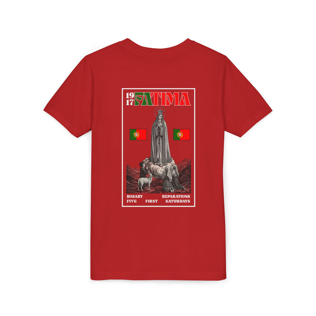 Our Lady of Fátima Catholic T-Shirt · Portugal Soccer Youth Tee · Unisex Marian Devotion Apparel · Made in USA · 100% Profits Donated · 2026