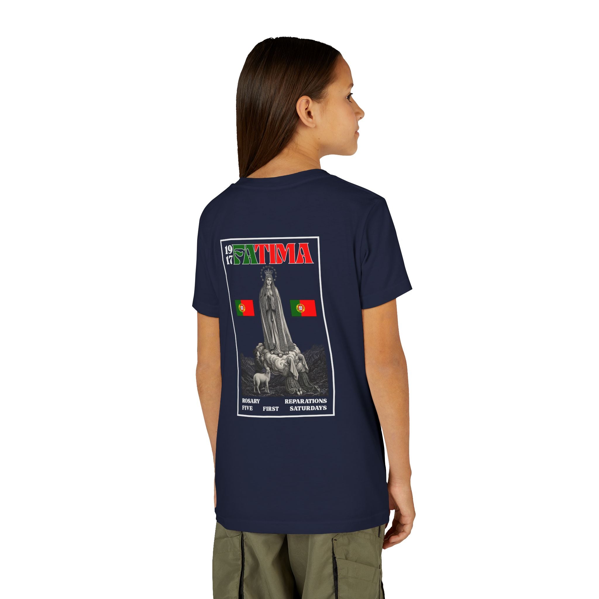 Our Lady of Fátima Catholic T-Shirt · Portugal Soccer Youth Tee · Unisex Marian Devotion Apparel · Made in USA · 100% Profits Donated · 2026