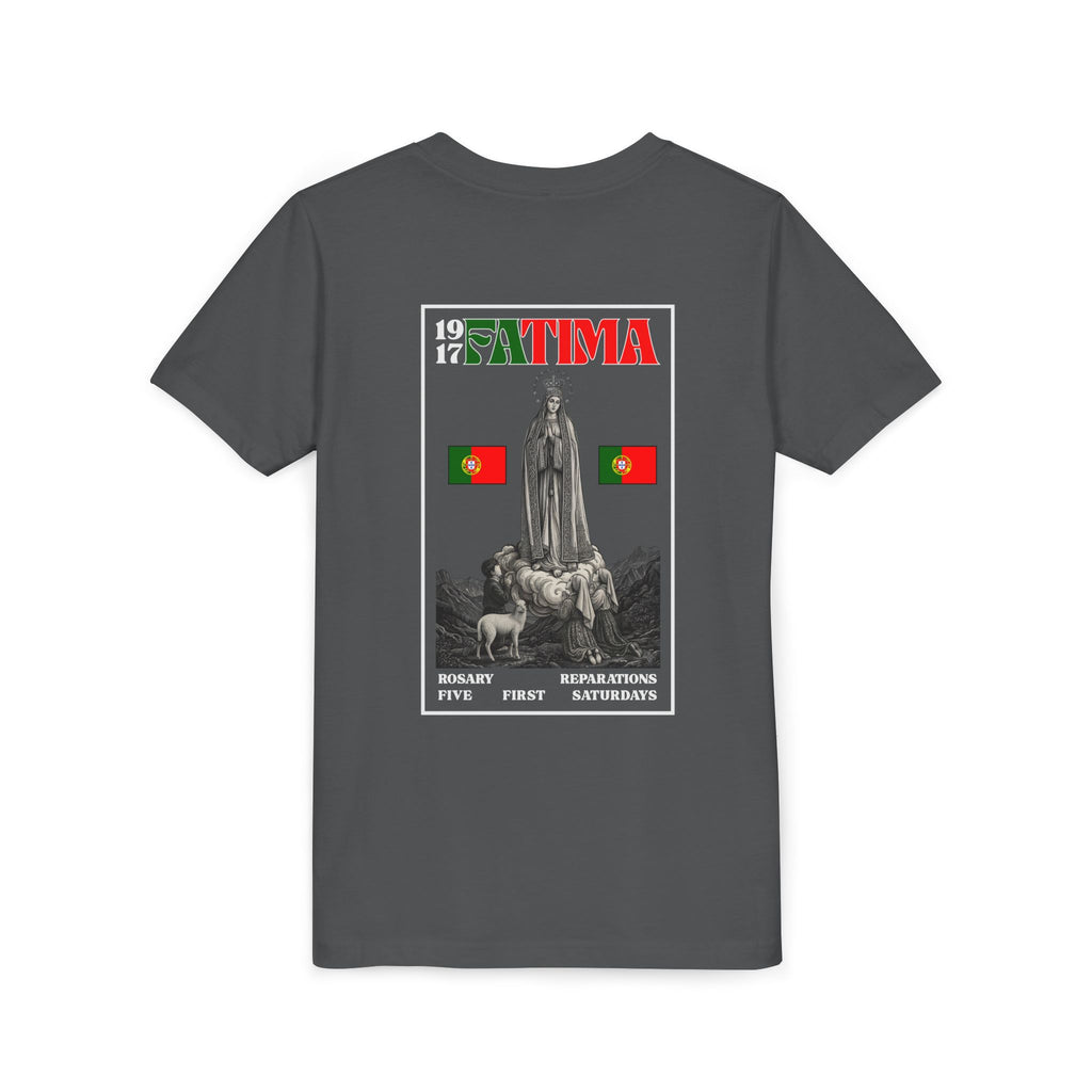 Our Lady of Fátima Catholic T-Shirt · Portugal Soccer Youth Tee · Unisex Marian Devotion Apparel · Made in USA · 100% Profits Donated · 2026