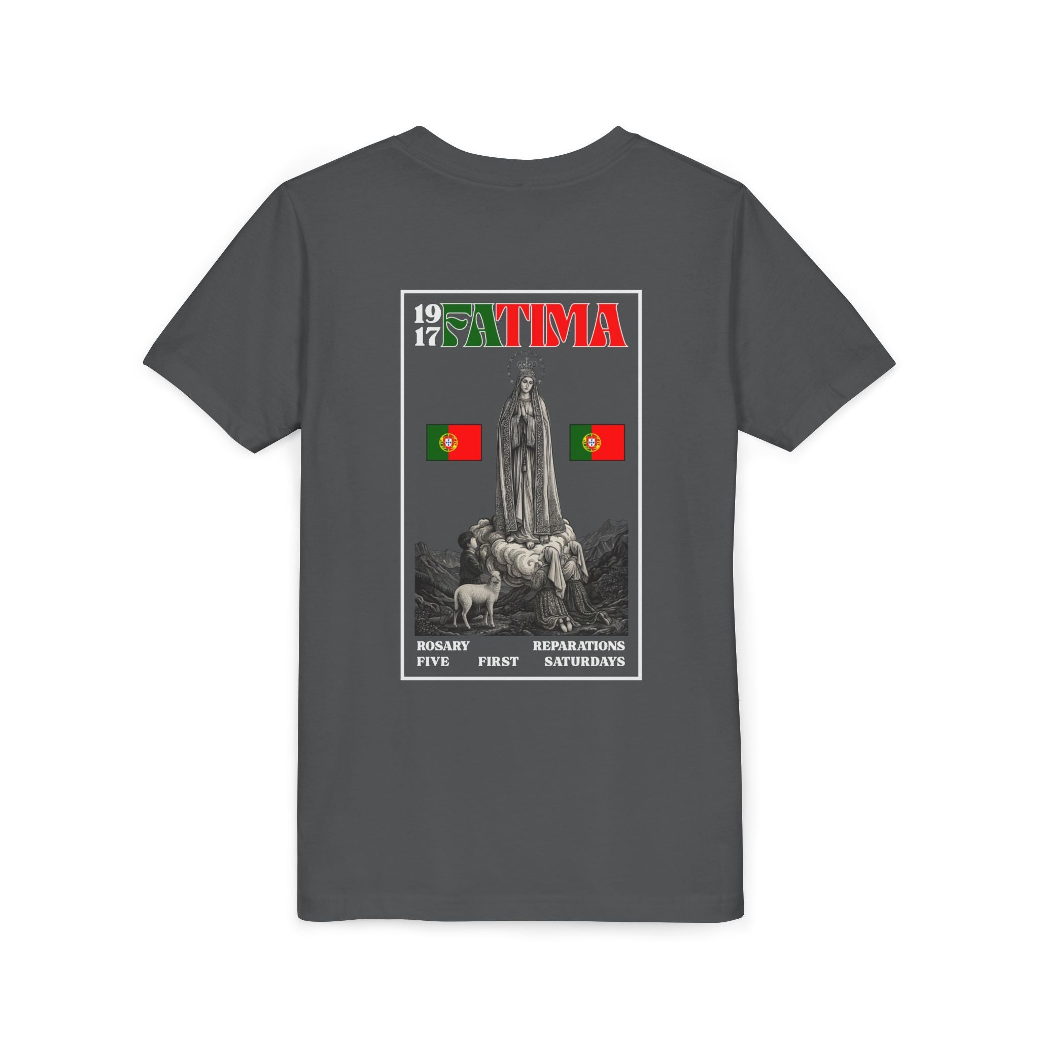 Our Lady of Fátima Catholic T-Shirt · Portugal Soccer Youth Tee · Unisex Marian Devotion Apparel · Made in USA · 100% Profits Donated · 2026