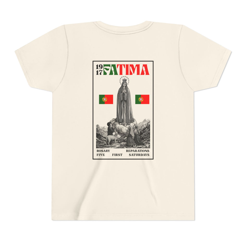 Our Lady of Fátima Catholic T-Shirt · Portugal Soccer Youth Tee · Unisex Marian Devotion Apparel · Made in USA · 100% Profits Donated · 2026
