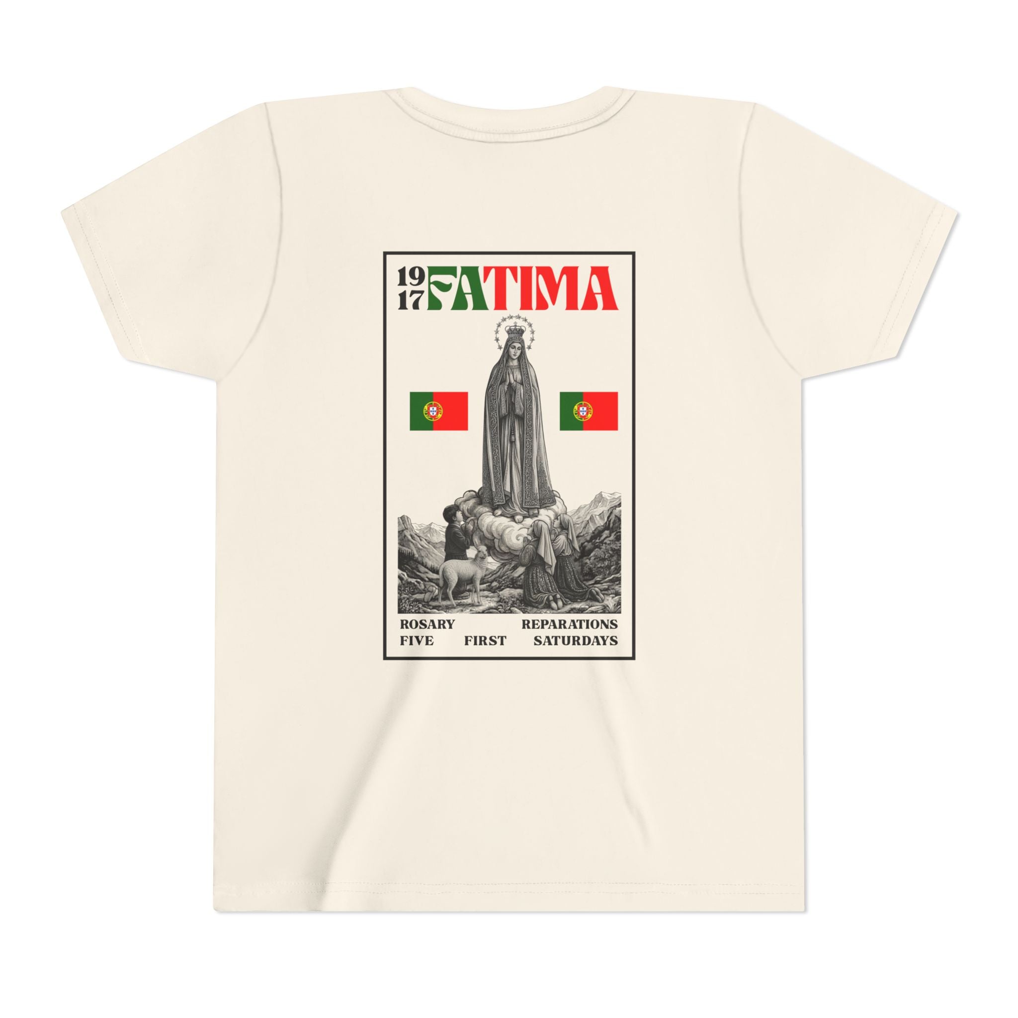 Our Lady of Fátima Catholic T-Shirt · Portugal Soccer Youth Tee · Unisex Marian Devotion Apparel · Made in USA · 100% Profits Donated · 2026