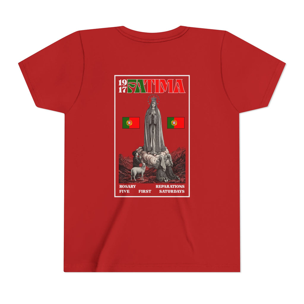 Our Lady of Fátima Catholic T-Shirt · Portugal Soccer Youth Tee · Unisex Marian Devotion Apparel · Made in USA · 100% Profits Donated · 2026