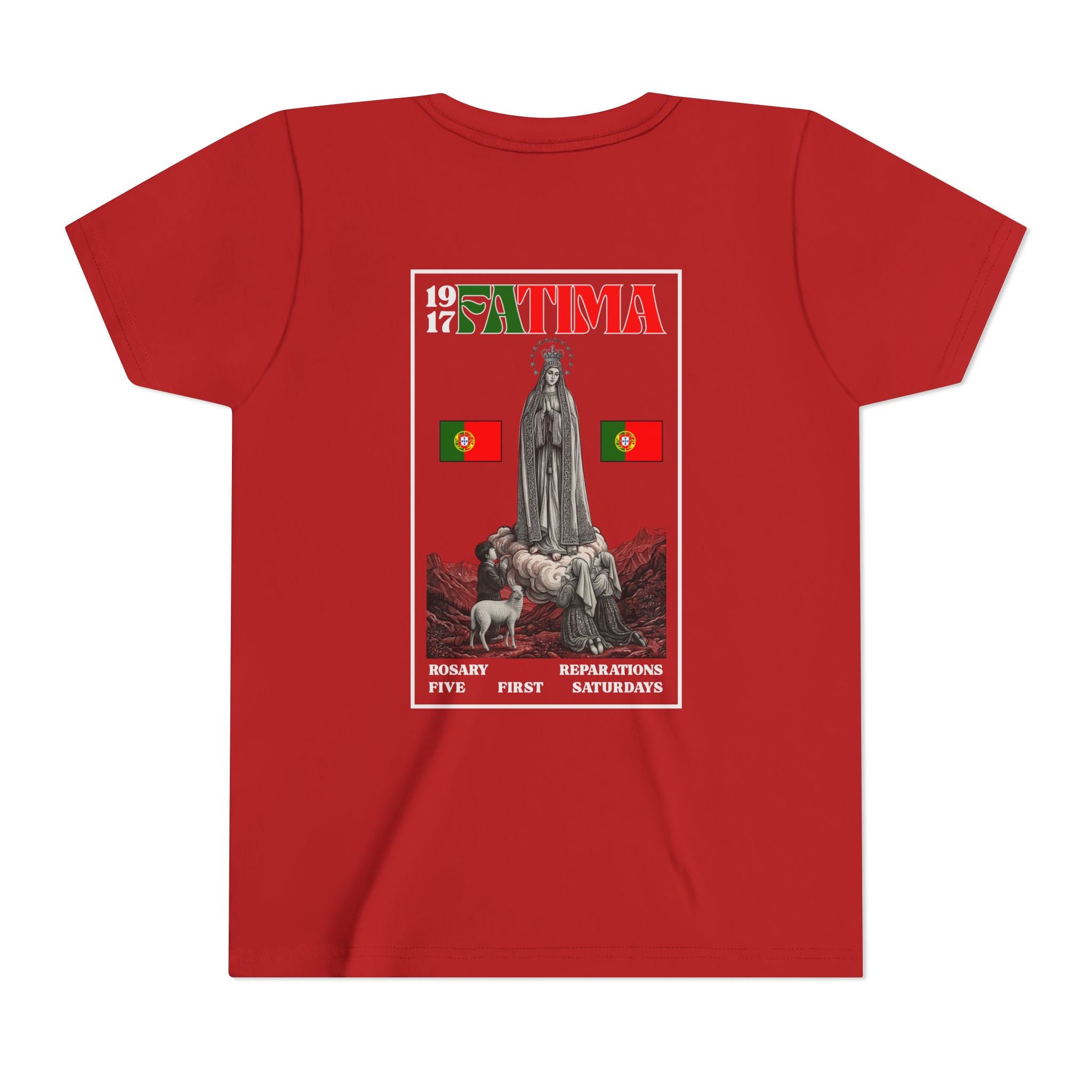 Our Lady of Fátima Catholic T-Shirt · Portugal Soccer Youth Tee · Unisex Marian Devotion Apparel · Made in USA · 100% Profits Donated · 2026