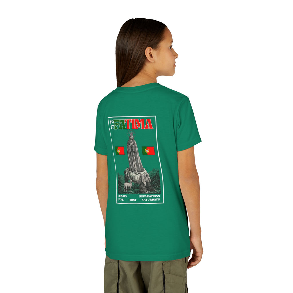 Our Lady of Fátima Catholic T-Shirt · Portugal Soccer Youth Tee · Unisex Marian Devotion Apparel · Made in USA · 100% Profits Donated · 2026