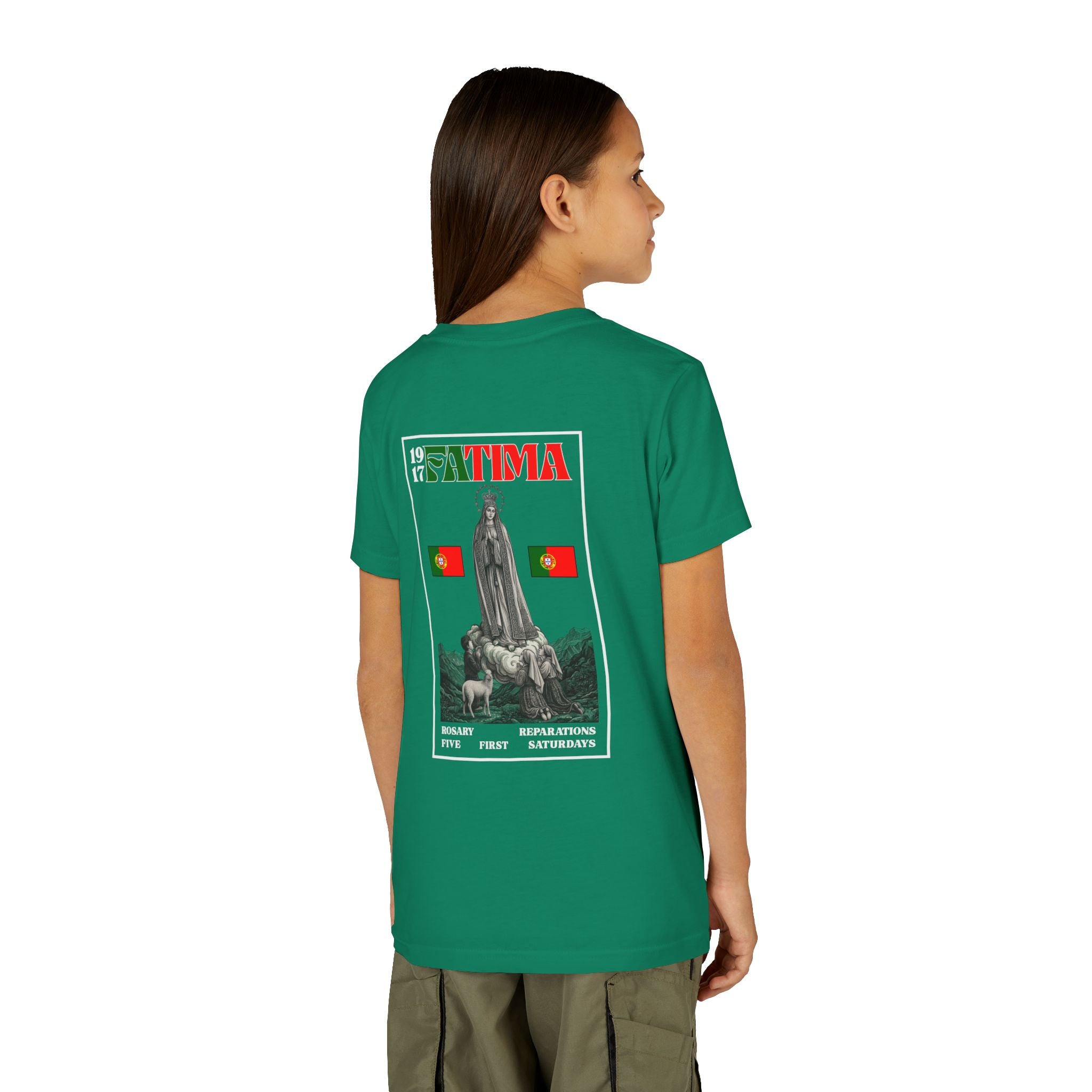 Our Lady of Fátima Catholic T-Shirt · Portugal Soccer Youth Tee · Unisex Marian Devotion Apparel · Made in USA · 100% Profits Donated · 2026