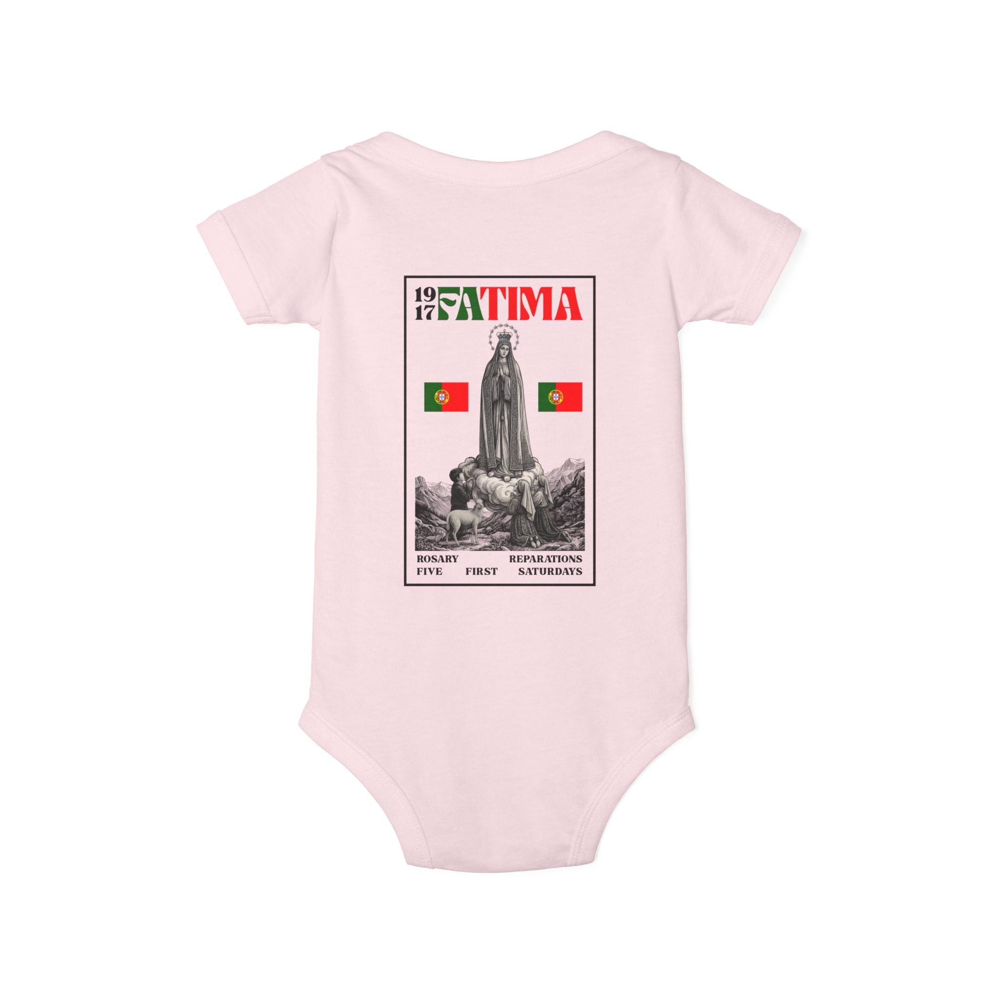Our Lady of Fátima Catholic Onesie · Portugal Soccer · Premium Unisex Marian Devotion Apparel · Made in USA · 100% Profits Donated · 2026