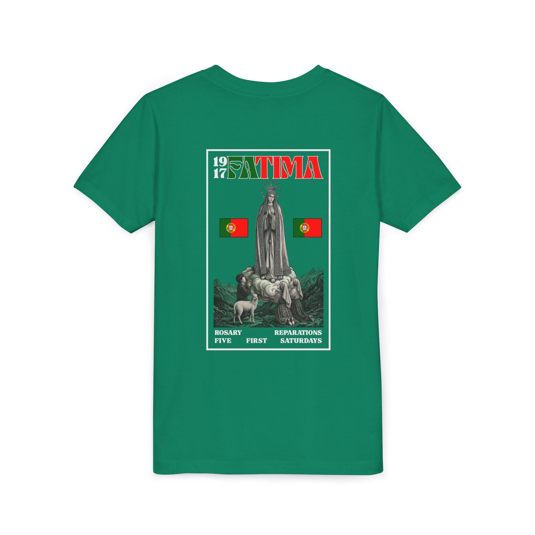 Our Lady of Fátima Catholic T-Shirt · Portugal Soccer Youth Tee · Unisex Marian Devotion Apparel · Made in USA · 100% Profits Donated · 2026