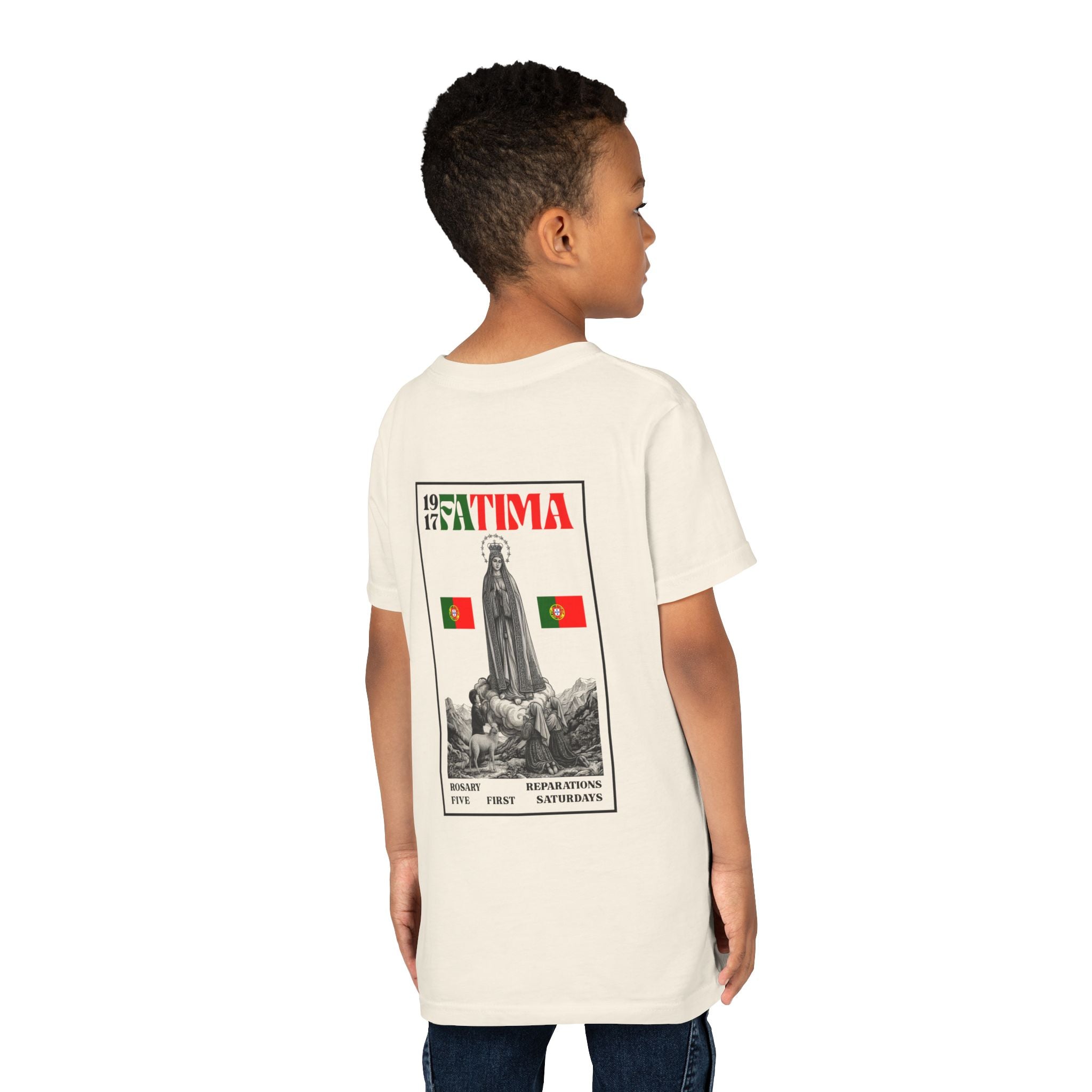 Our Lady of Fátima Catholic T-Shirt · Portugal Soccer Youth Tee · Unisex Marian Devotion Apparel · Made in USA · 100% Profits Donated · 2026