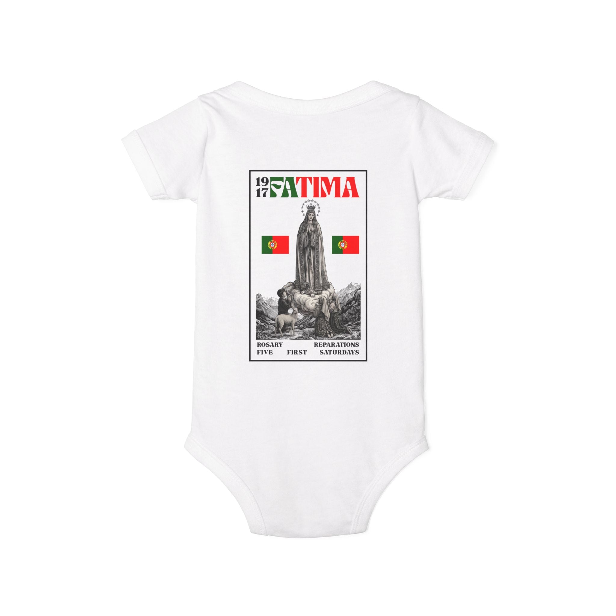 Our Lady of Fátima Catholic Onesie · Portugal Soccer · Premium Unisex Marian Devotion Apparel · Made in USA · 100% Profits Donated · 2026