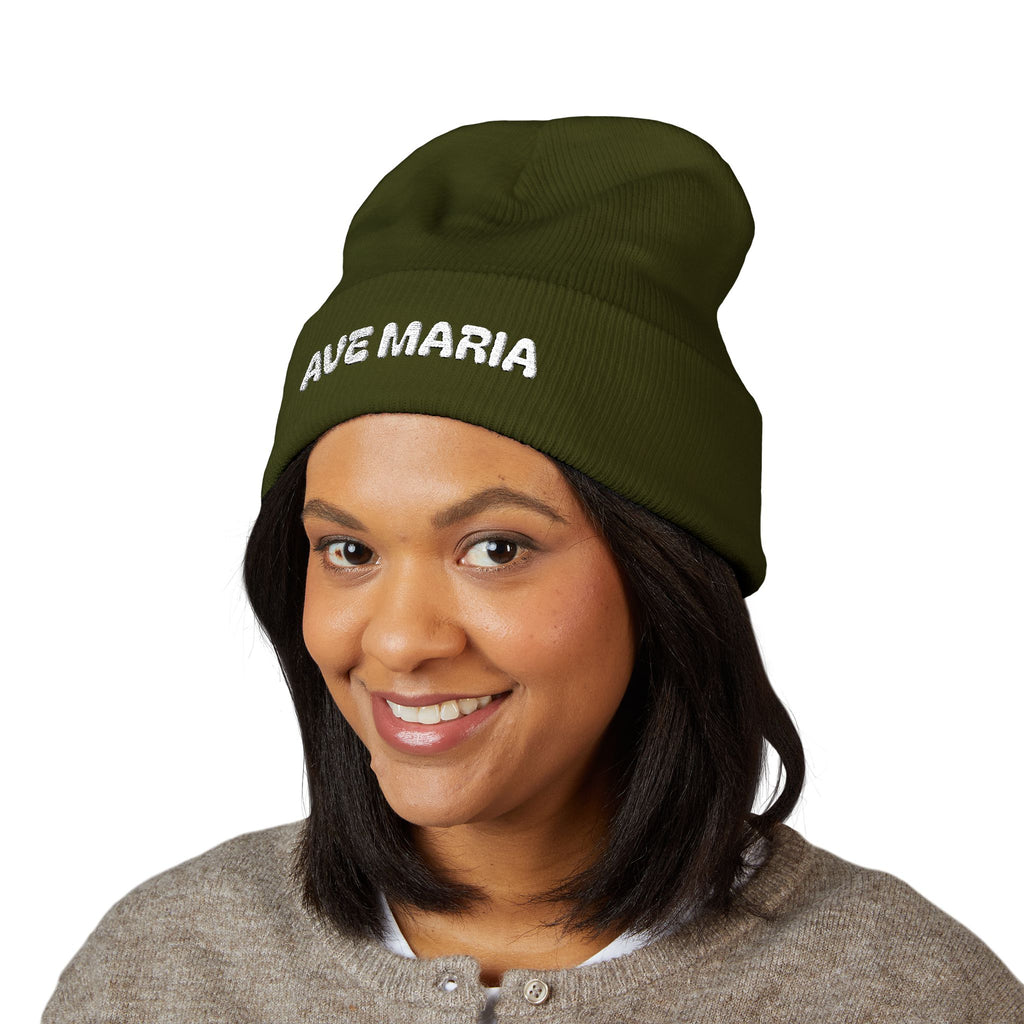 Ave Maria Embroidered Cuffed Beanie Unisex