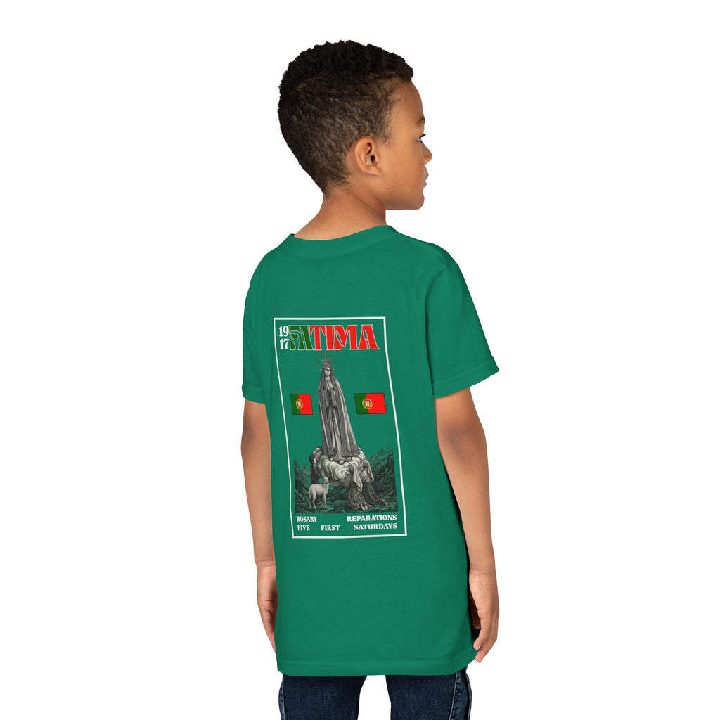 Our Lady of Fátima Catholic T-Shirt · Portugal Soccer Youth Tee · Unisex Marian Devotion Apparel · Made in USA · 100% Profits Donated · 2026