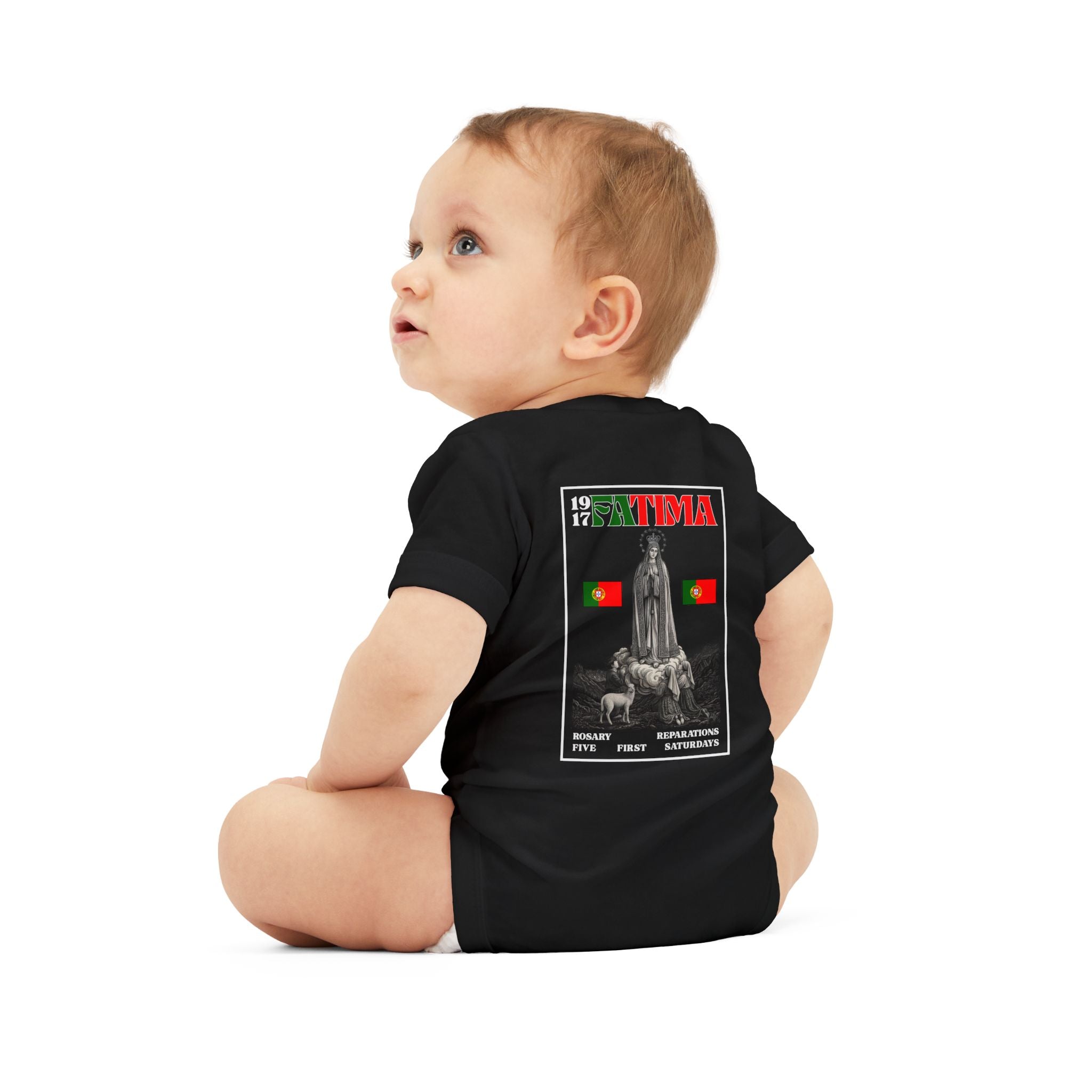 Our Lady of Fátima Catholic Onesie · Portugal Soccer · Premium Unisex Marian Devotion Apparel · Made in USA · 100% Profits Donated · 2026