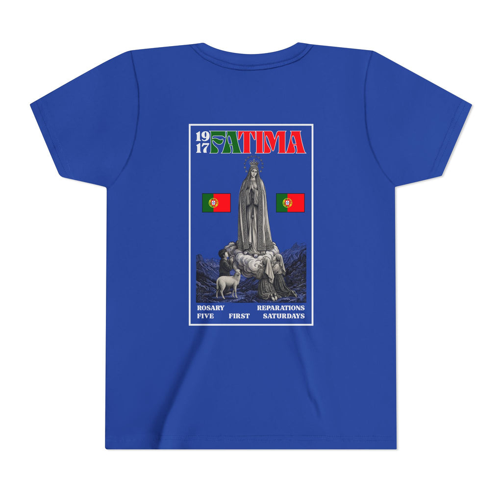 Our Lady of Fátima Catholic T-Shirt · Portugal Soccer Youth Tee · Unisex Marian Devotion Apparel · Made in USA · 100% Profits Donated · 2026