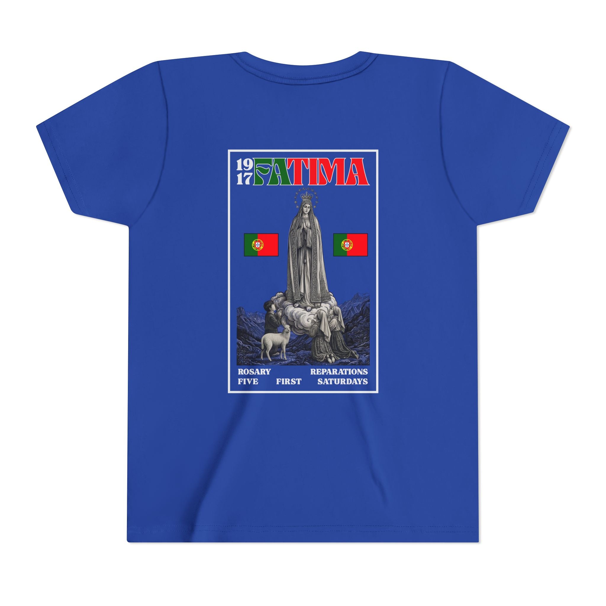 Our Lady of Fátima Catholic T-Shirt · Portugal Soccer Youth Tee · Unisex Marian Devotion Apparel · Made in USA · 100% Profits Donated · 2026