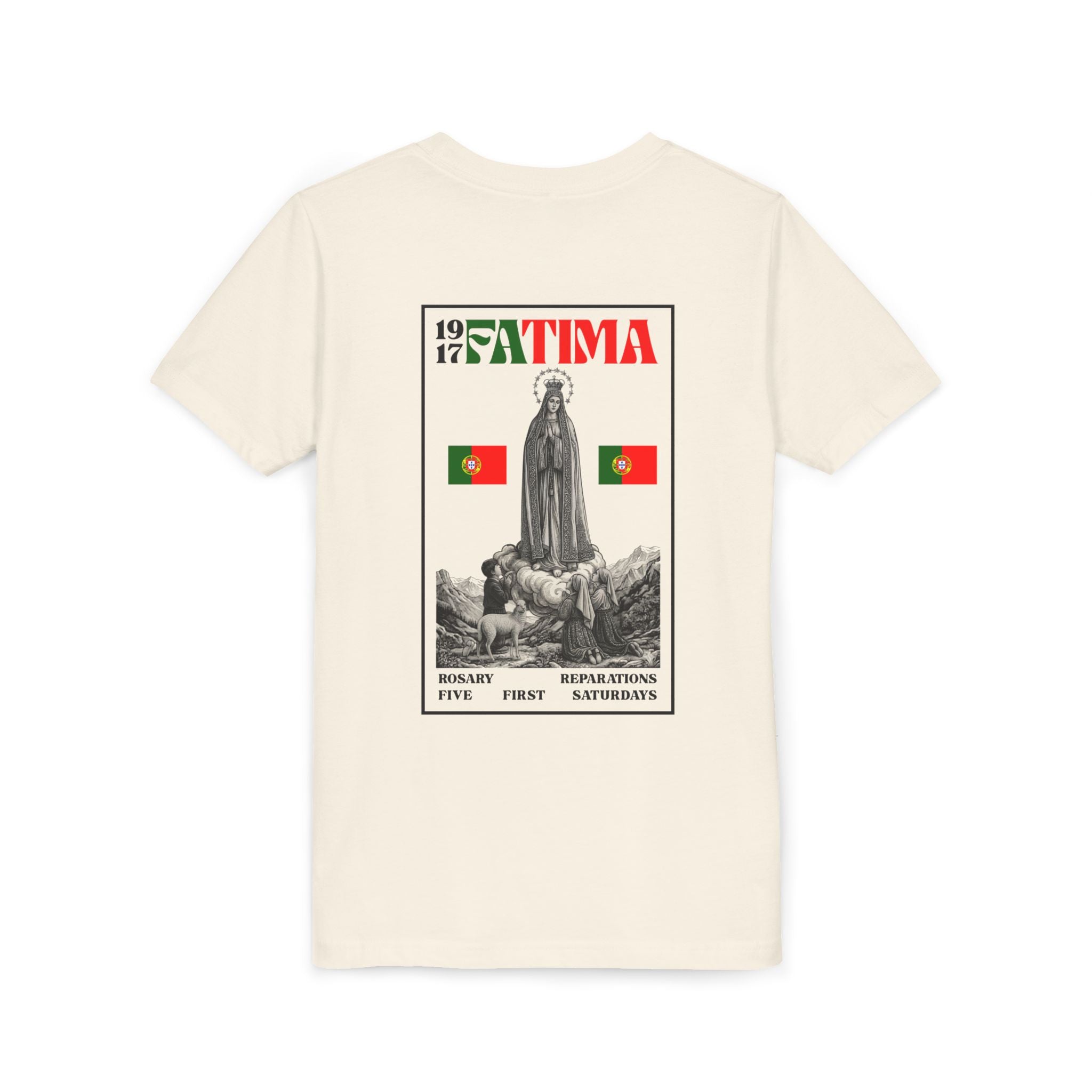 Our Lady of Fátima Catholic T-Shirt · Portugal Soccer Youth Tee · Unisex Marian Devotion Apparel · Made in USA · 100% Profits Donated · 2026