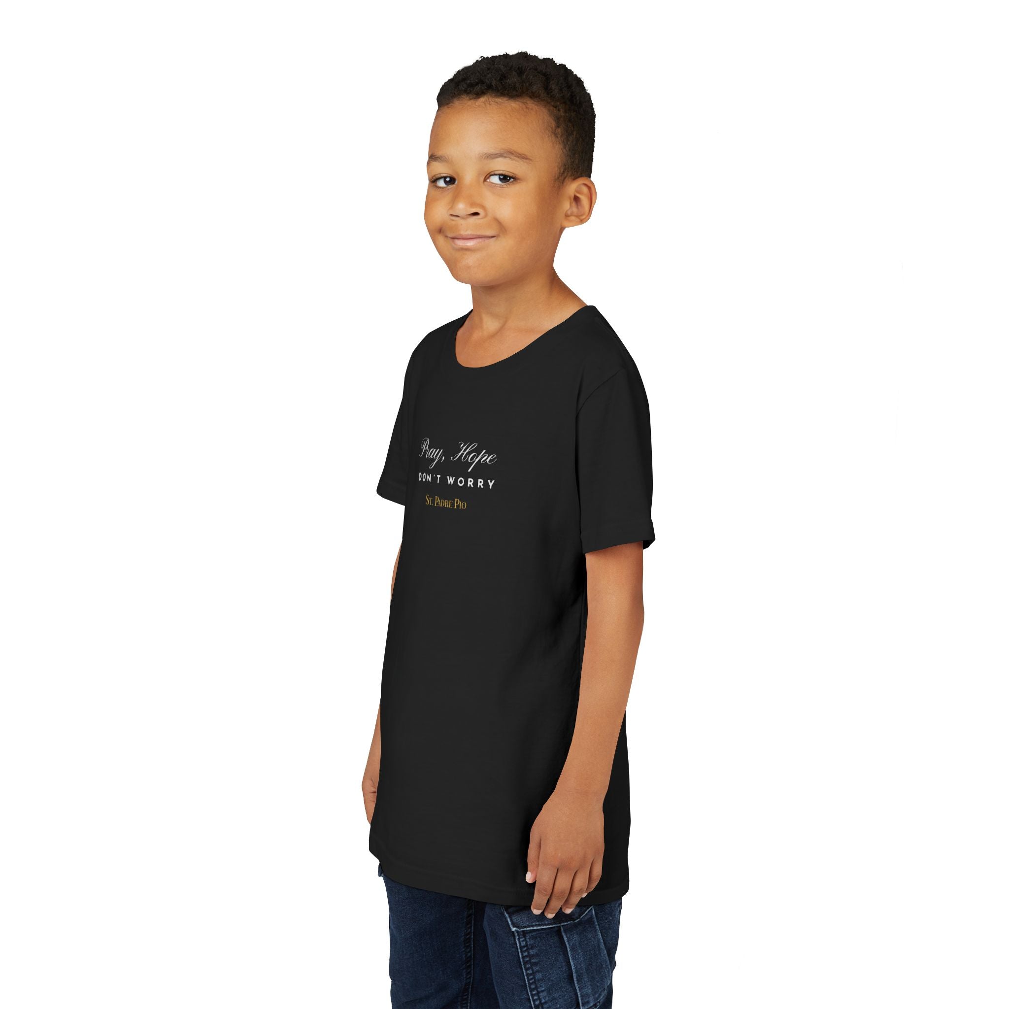 Padre Pio × Italy — "Pray, Hope, Don't Worry" Youth Tee | Saints of the Pitch
