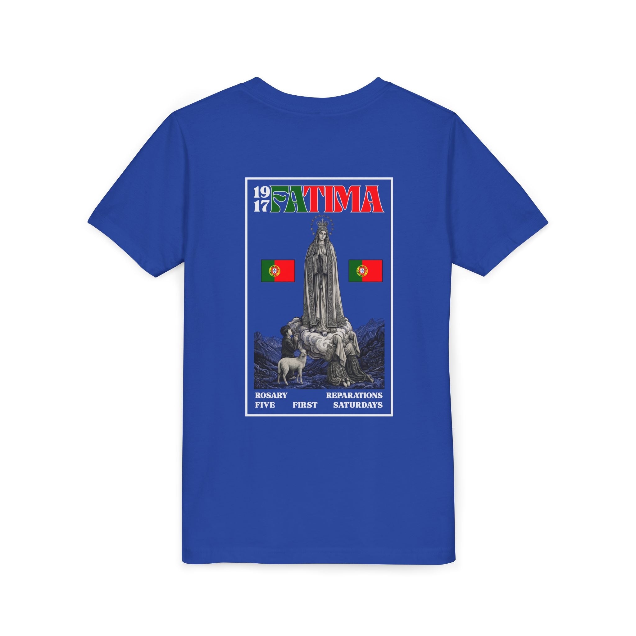 Our Lady of Fátima Catholic T-Shirt · Portugal Soccer Youth Tee · Unisex Marian Devotion Apparel · Made in USA · 100% Profits Donated · 2026