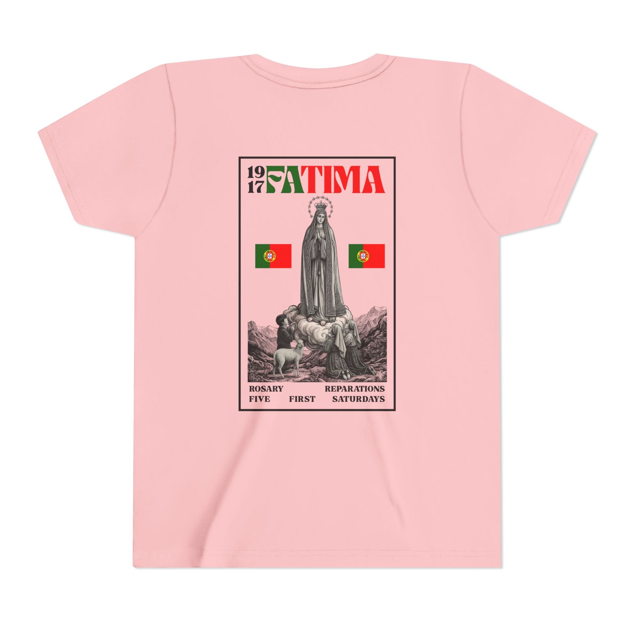 Our Lady of Fátima Catholic T-Shirt · Portugal Soccer Youth Tee · Unisex Marian Devotion Apparel · Made in USA · 100% Profits Donated · 2026