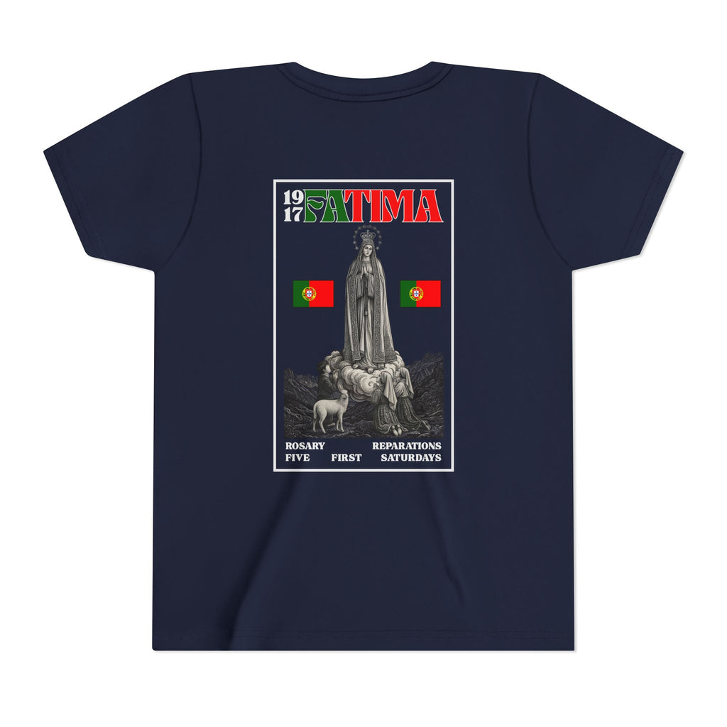 Our Lady of Fátima Catholic T-Shirt · Portugal Soccer Youth Tee · Unisex Marian Devotion Apparel · Made in USA · 100% Profits Donated · 2026