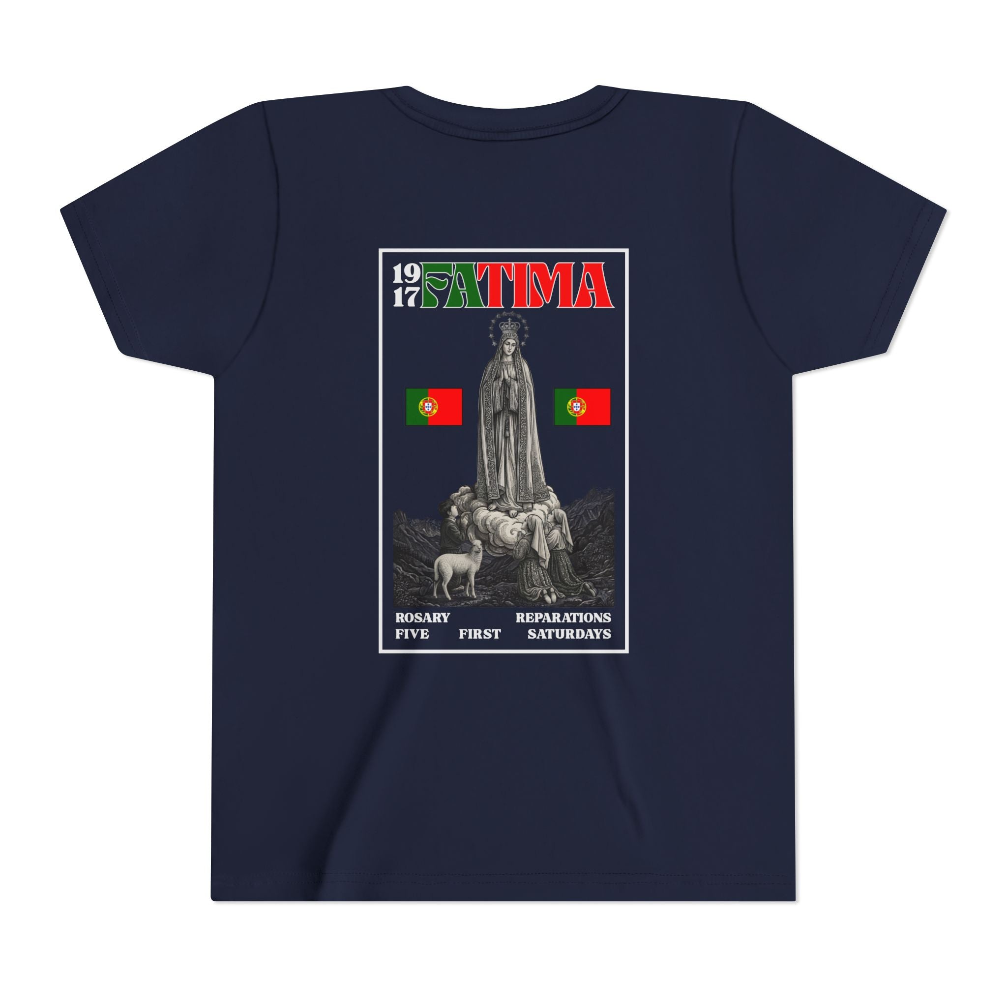 Our Lady of Fátima Catholic T-Shirt · Portugal Soccer Youth Tee · Unisex Marian Devotion Apparel · Made in USA · 100% Profits Donated · 2026