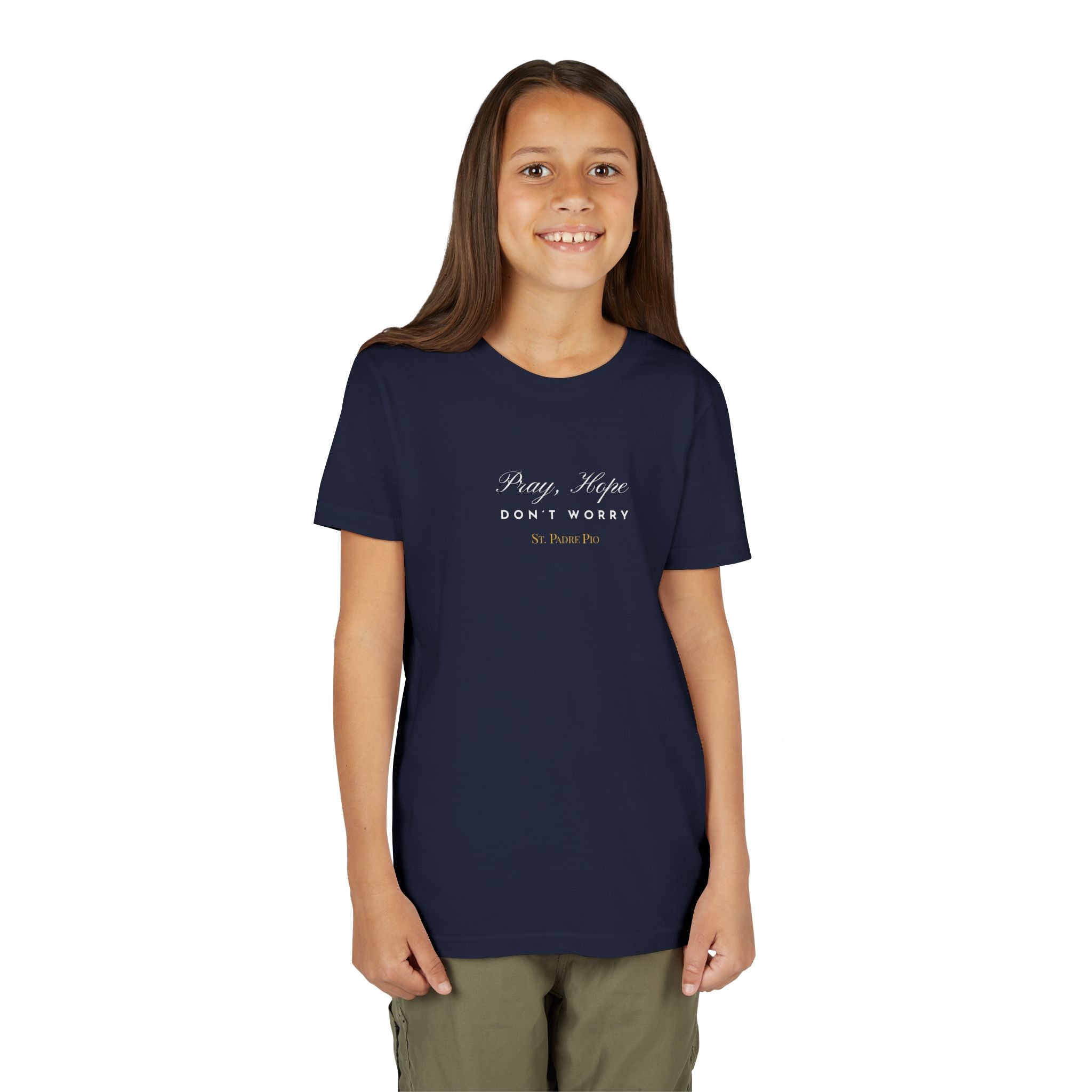 Padre Pio × Italy — "Pray, Hope, Don't Worry" Youth Tee | Saints of the Pitch