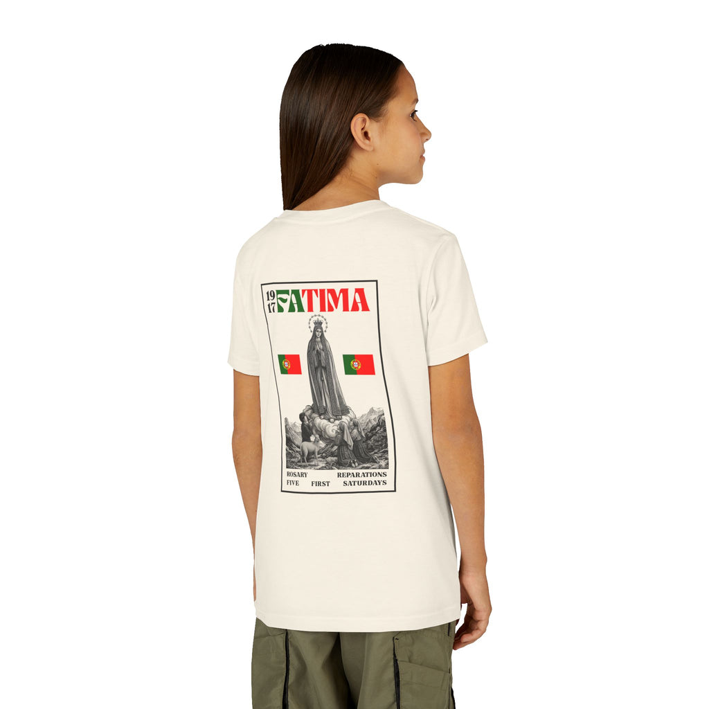 Our Lady of Fátima Catholic T-Shirt · Portugal Soccer Youth Tee · Unisex Marian Devotion Apparel · Made in USA · 100% Profits Donated · 2026