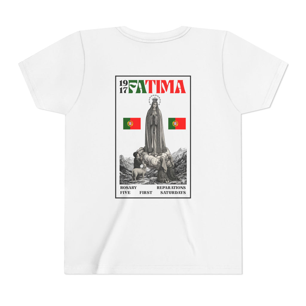 Our Lady of Fátima Catholic T-Shirt · Portugal Soccer Youth Tee · Unisex Marian Devotion Apparel · Made in USA · 100% Profits Donated · 2026
