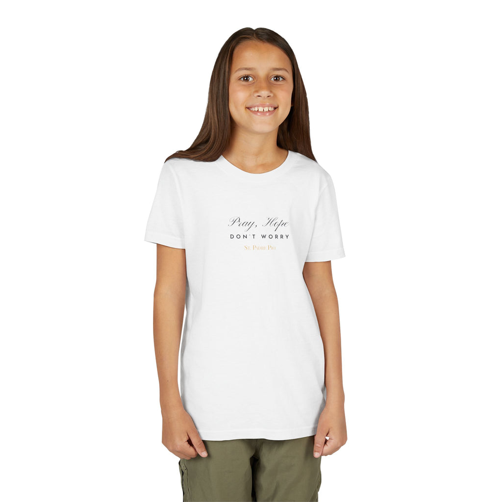 Padre Pio × Italy — "Pray, Hope, Don't Worry" Youth Tee | Saints of the Pitch