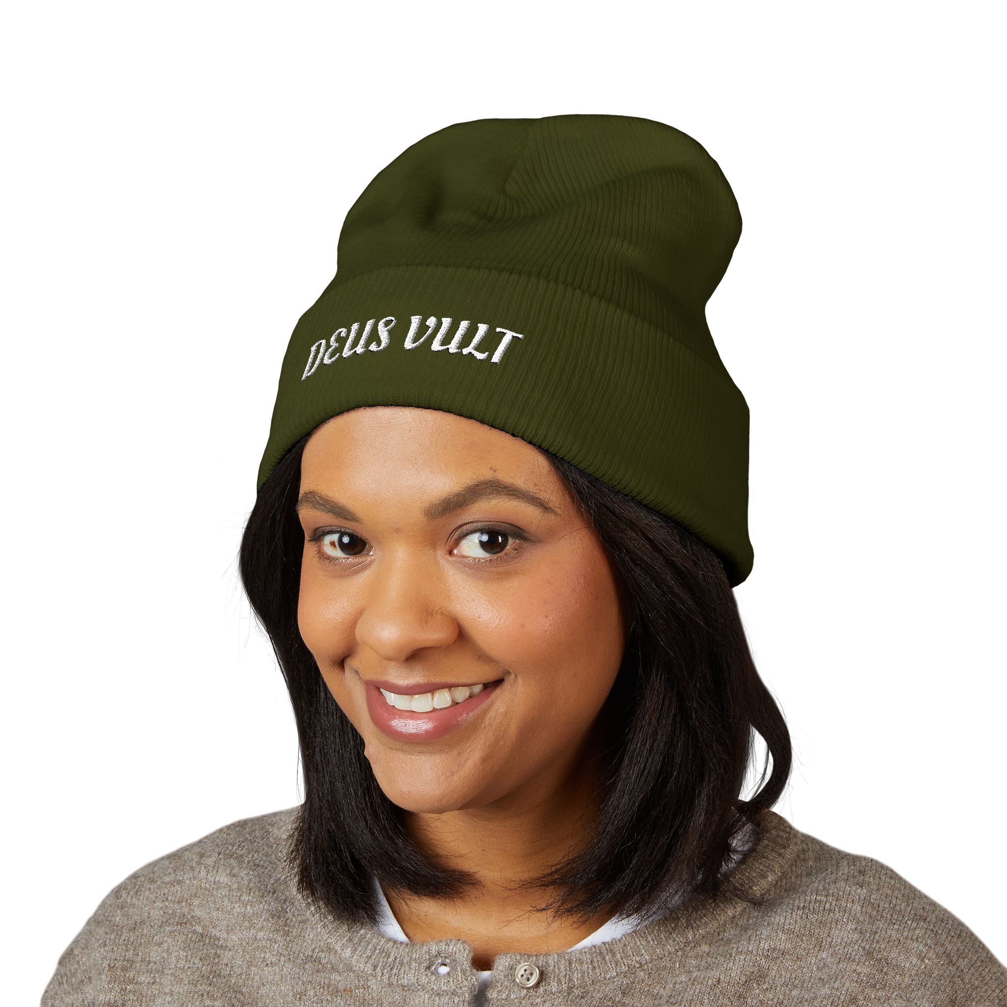Deus Vult Embroidered Cuffed Beanie Unisex - Military Green